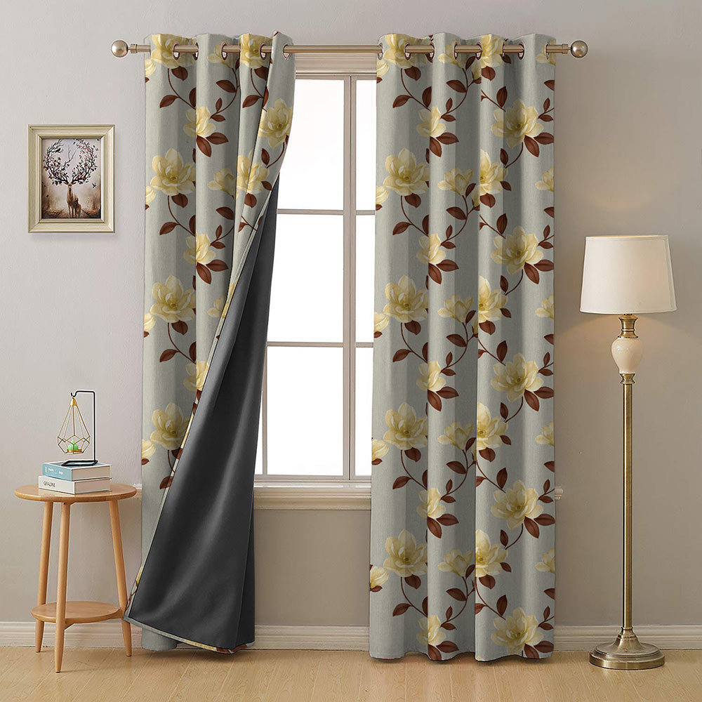 Floral Flock Floral Shine Yellow Heavy Satin Room Darkening Curtains Set Of 2 - (DS129F)