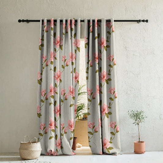 Floral Flock Floral Soft Pink Heavy Satin Room Darkening Curtains Set Of 2 - (DS129G)
