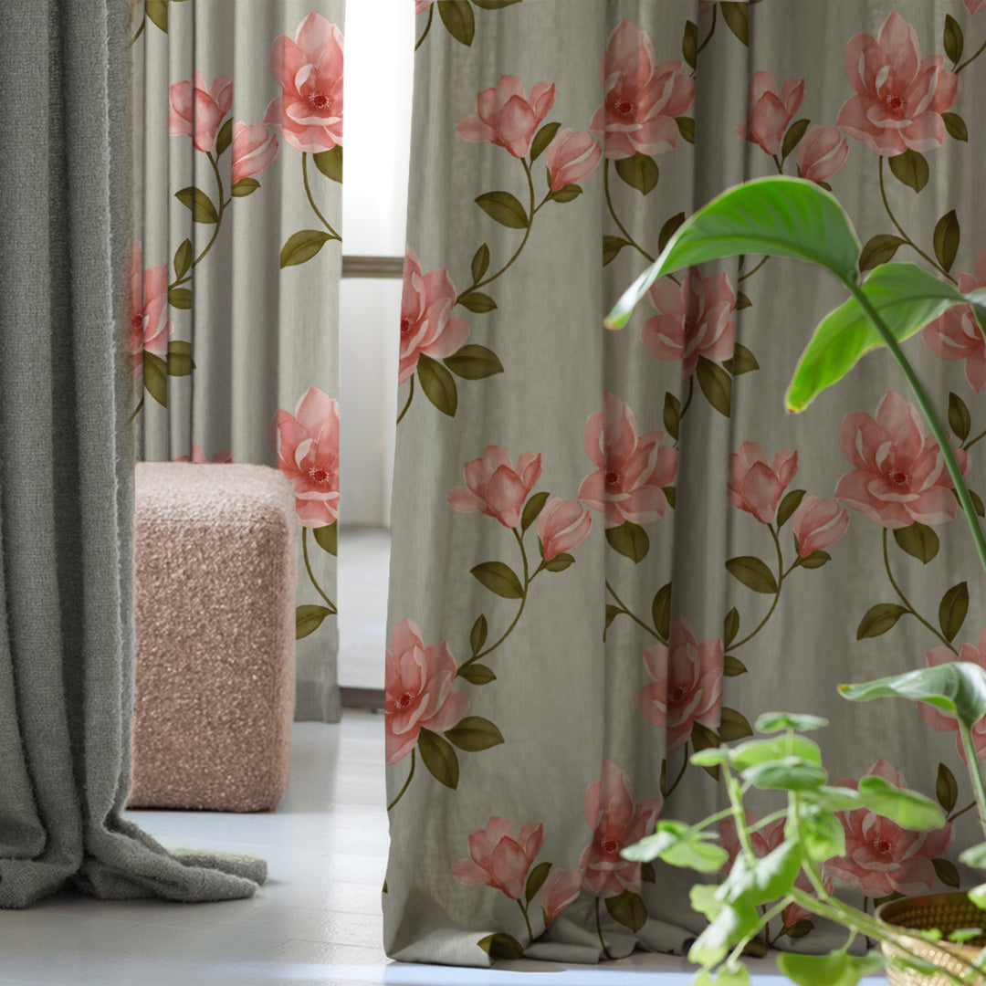 Floral Flock Floral Soft Pink Heavy Satin Room Darkening Curtains Set Of 2 - (DS129G)