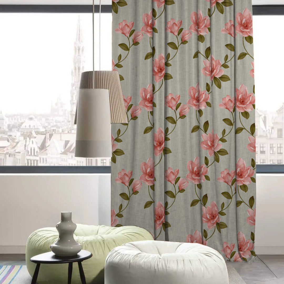 Floral Flock Floral Soft Pink Heavy Satin Room Darkening Curtains Set Of 2 - (DS129G)