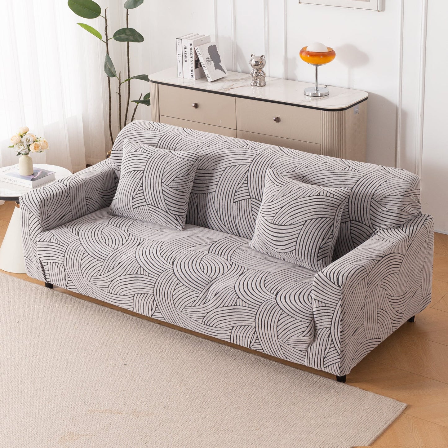 'WaveLine Series' Jacquard Sofa Cover 1/2/3/4-seater Fully Covered, Ash Grey