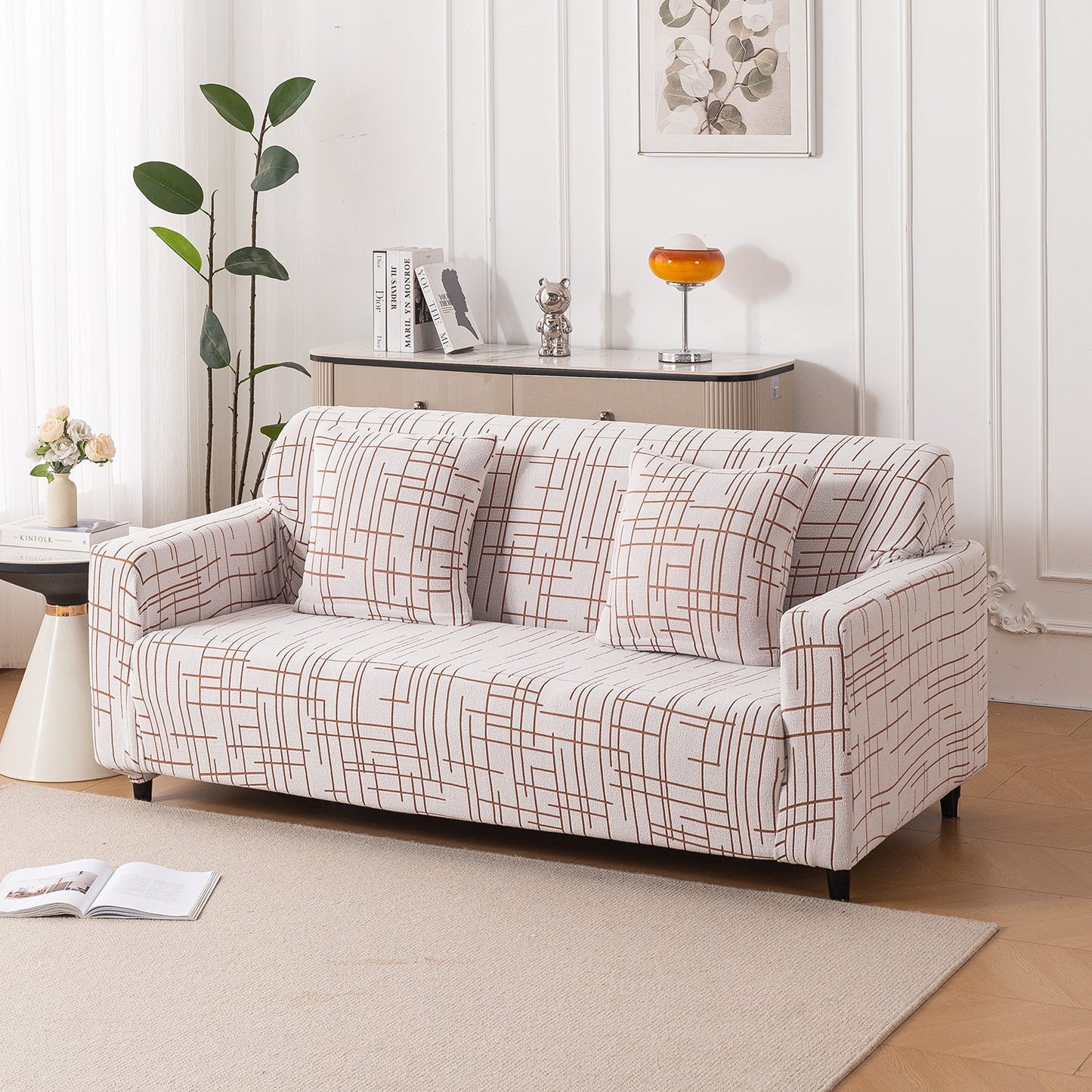 'Crossline Series' Jacquard Sofa Cover 1/2/3/4-seater Fully Covered, Rust Brown