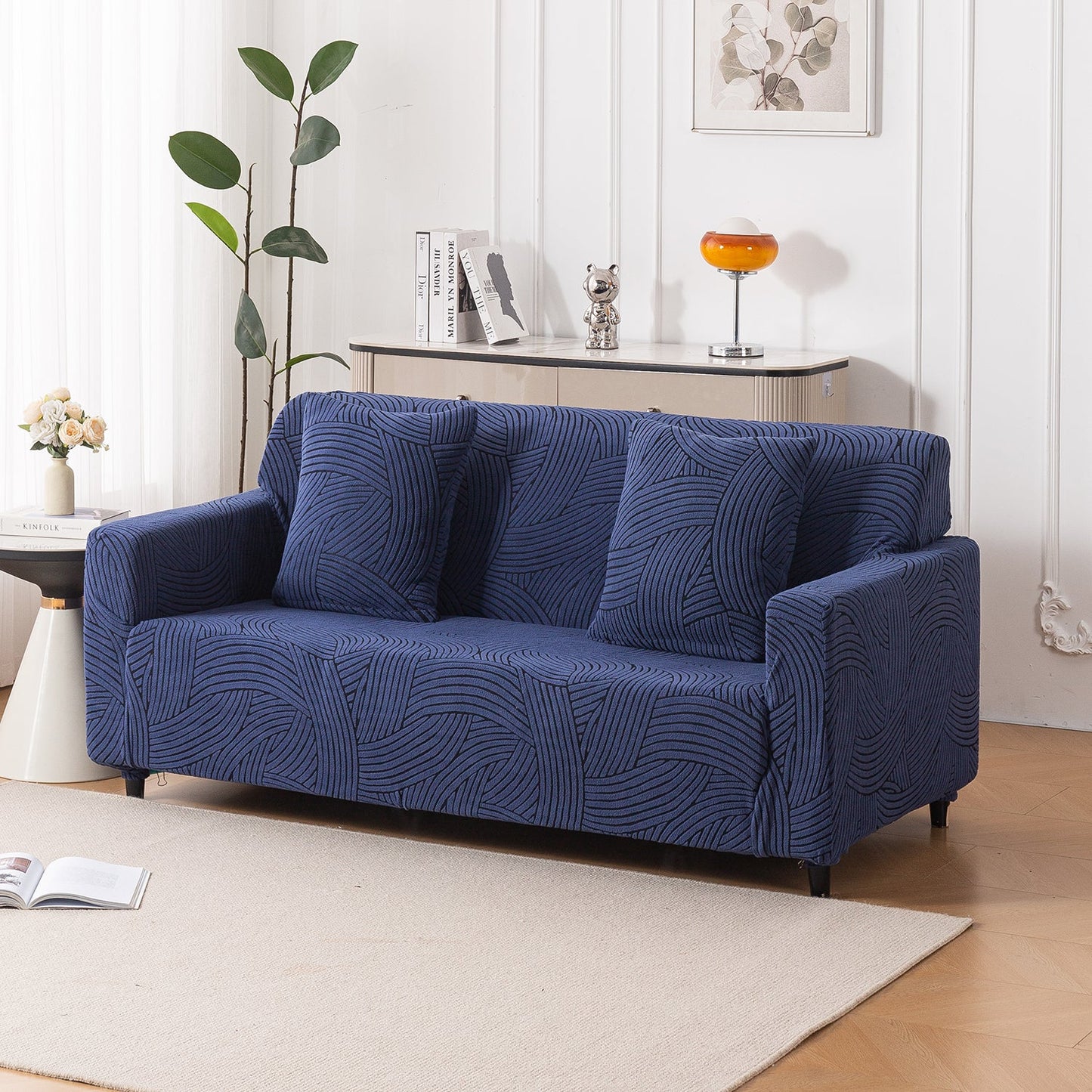 'WaveLine Series' Jacquard Sofa Cover 1/2/3/4-seater Fully Covered, Royal Blue