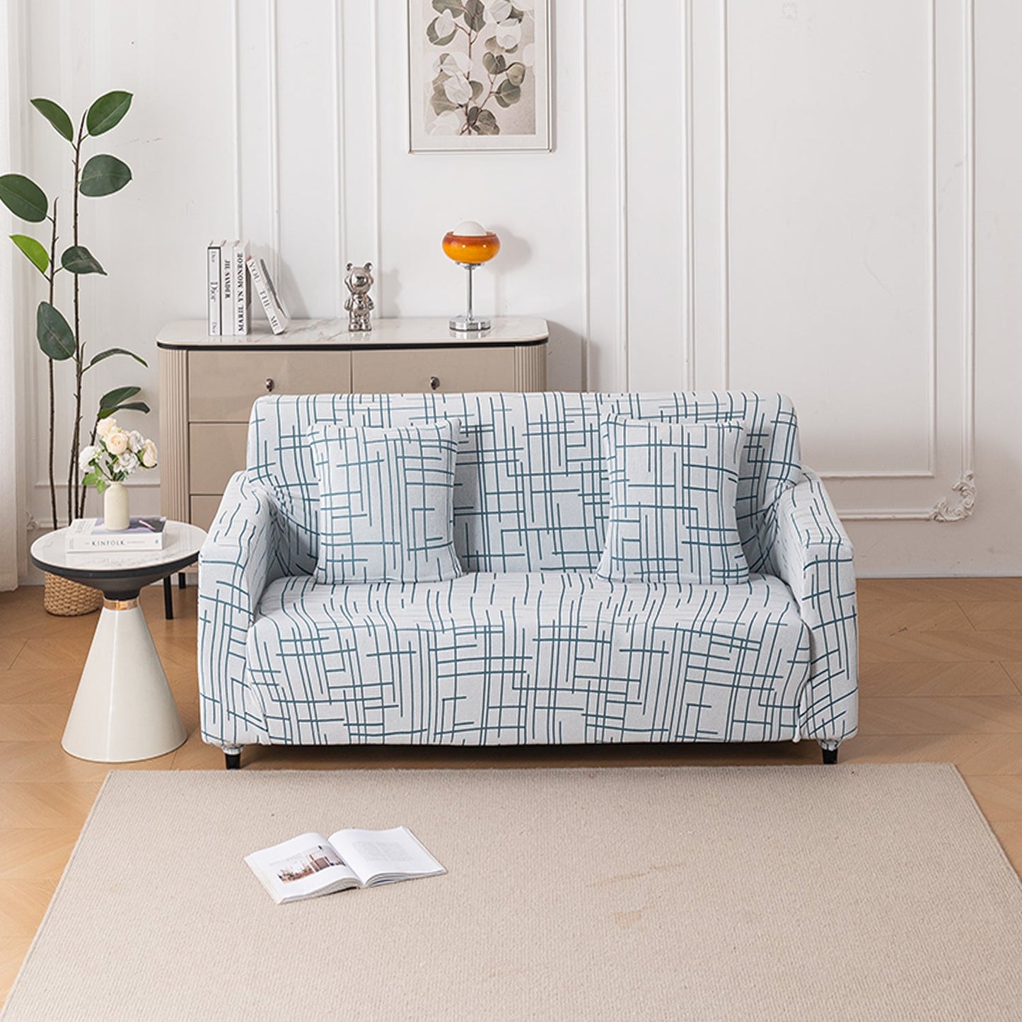 'Crossline Series' Jacquard Sofa Cover 1/2/3/4-seater Fully Covered, Teal Blue