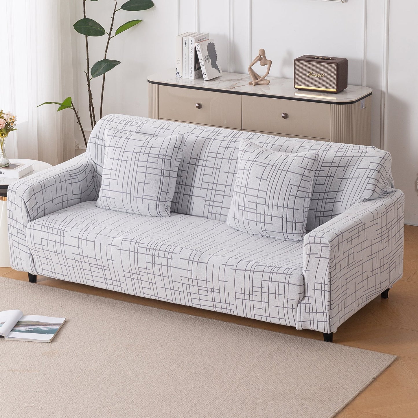 'Crossline Series' Jacquard Sofa Cover 1/2/3/4-seater Fully Covered, Light Grey