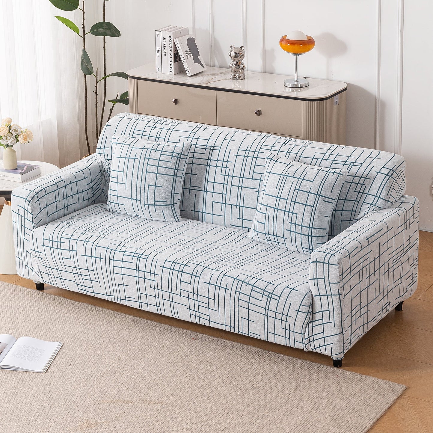 'Crossline Series' Jacquard Sofa Cover 1/2/3/4-seater Fully Covered, Teal Blue