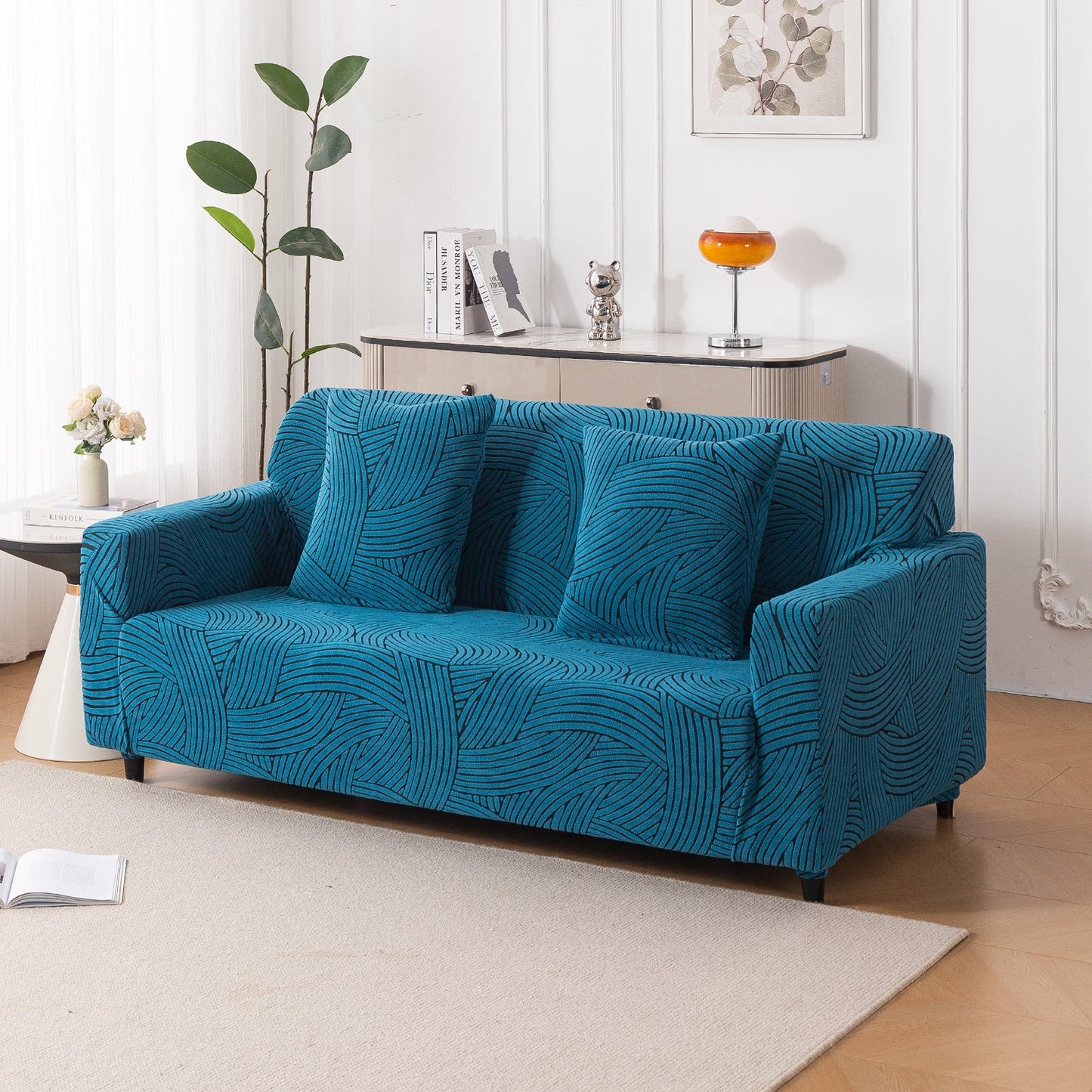 'WaveLine Series' Jacquard Sofa Cover 1/2/3/4-seater Fully Covered, Teal Green
