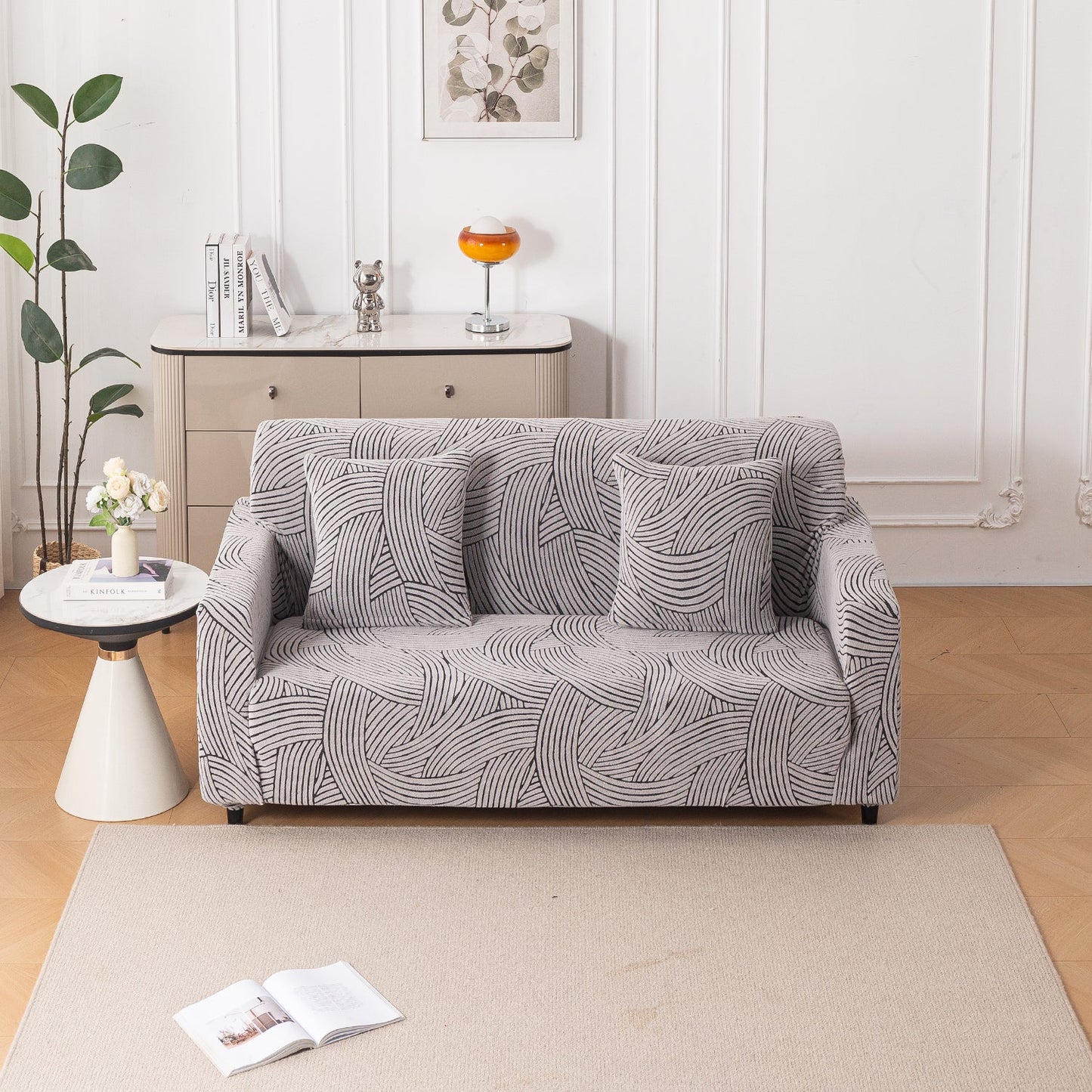 'WaveLine Series' Jacquard Sofa Cover 1/2/3/4-seater Fully Covered, Ash Grey