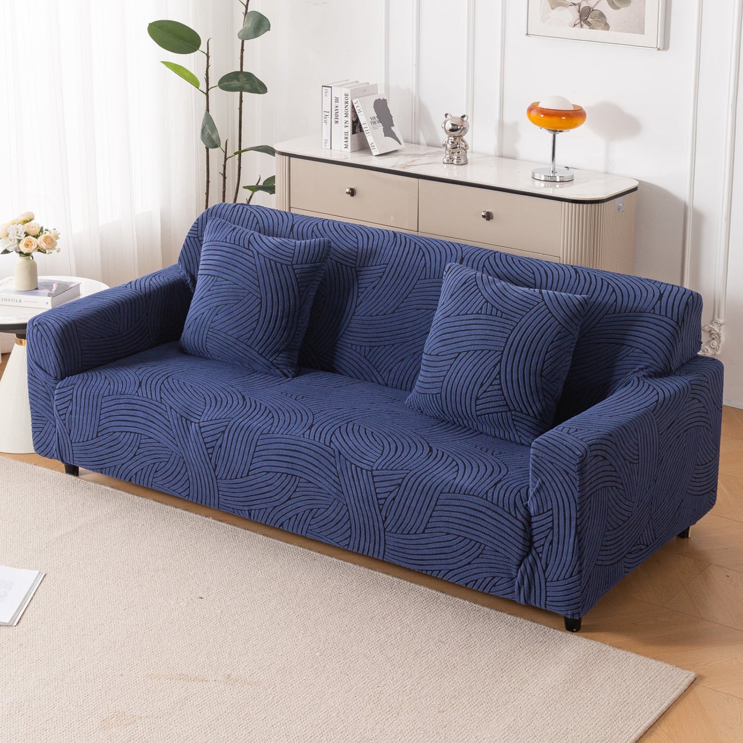 'WaveLine Series' Jacquard Sofa Cover 1/2/3/4-seater Fully Covered, Royal Blue