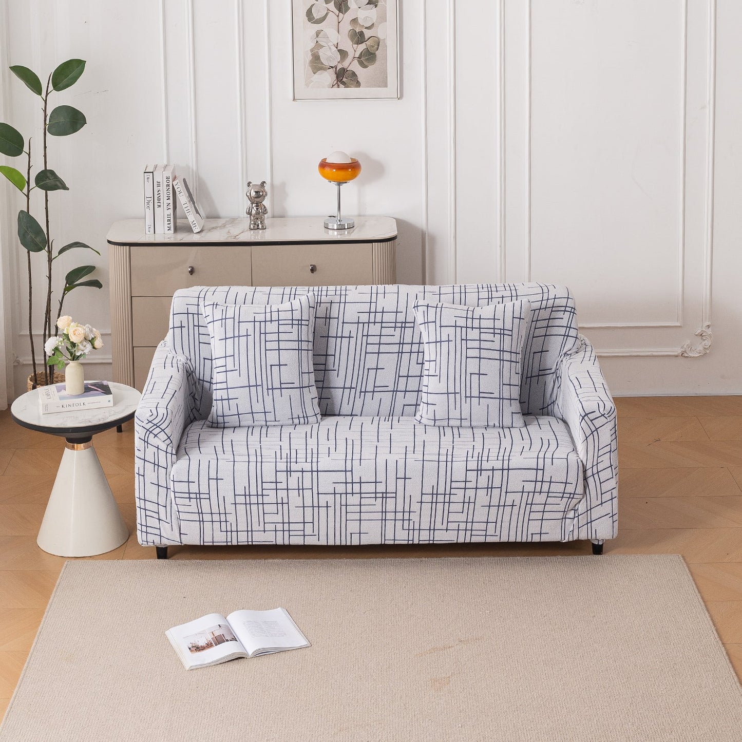 'Crossline Series' Jacquard Sofa Cover 1/2/3/4-seater Fully Covered, Navy Blue