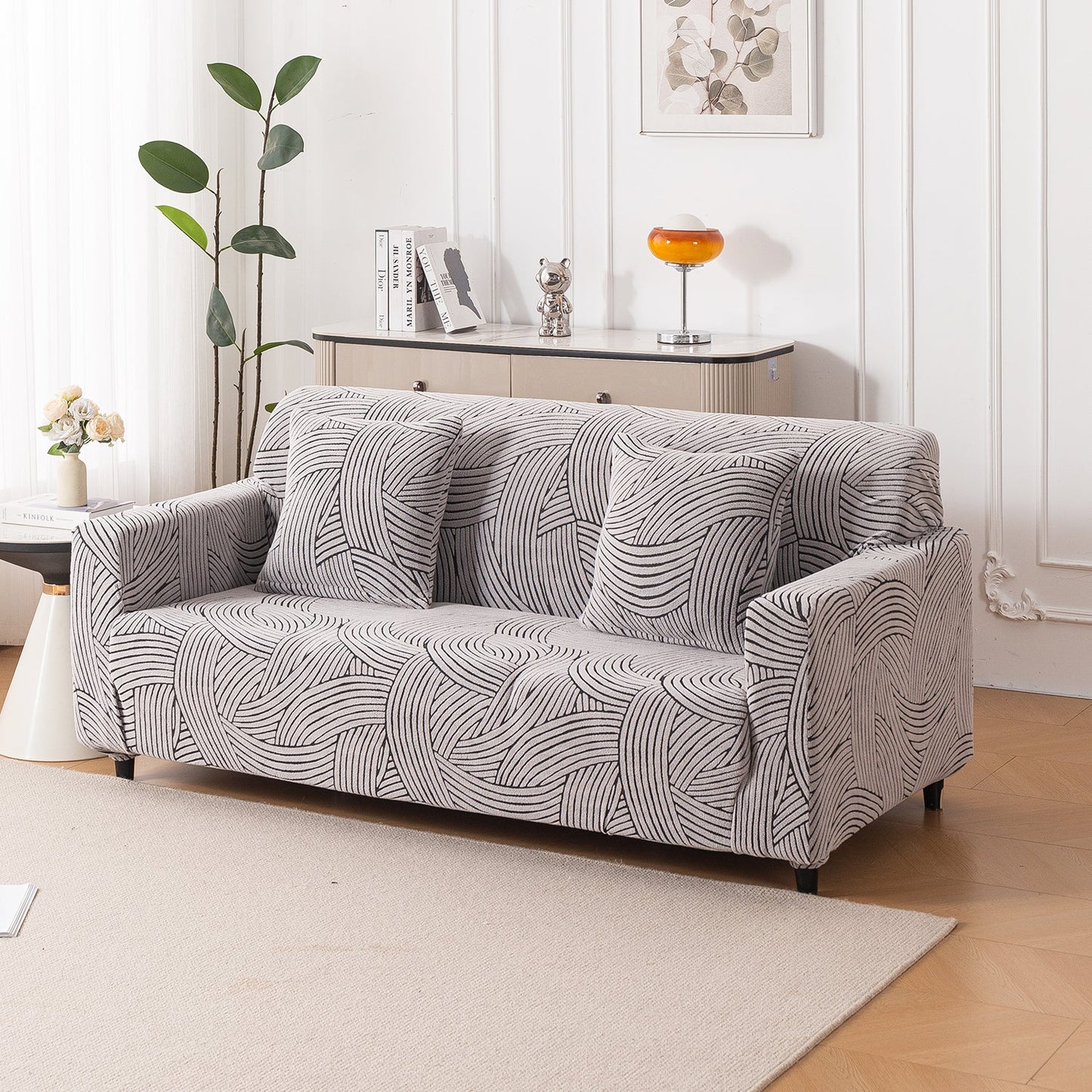 'WaveLine Series' Jacquard Sofa Cover 1/2/3/4-seater Fully Covered, Ash Grey