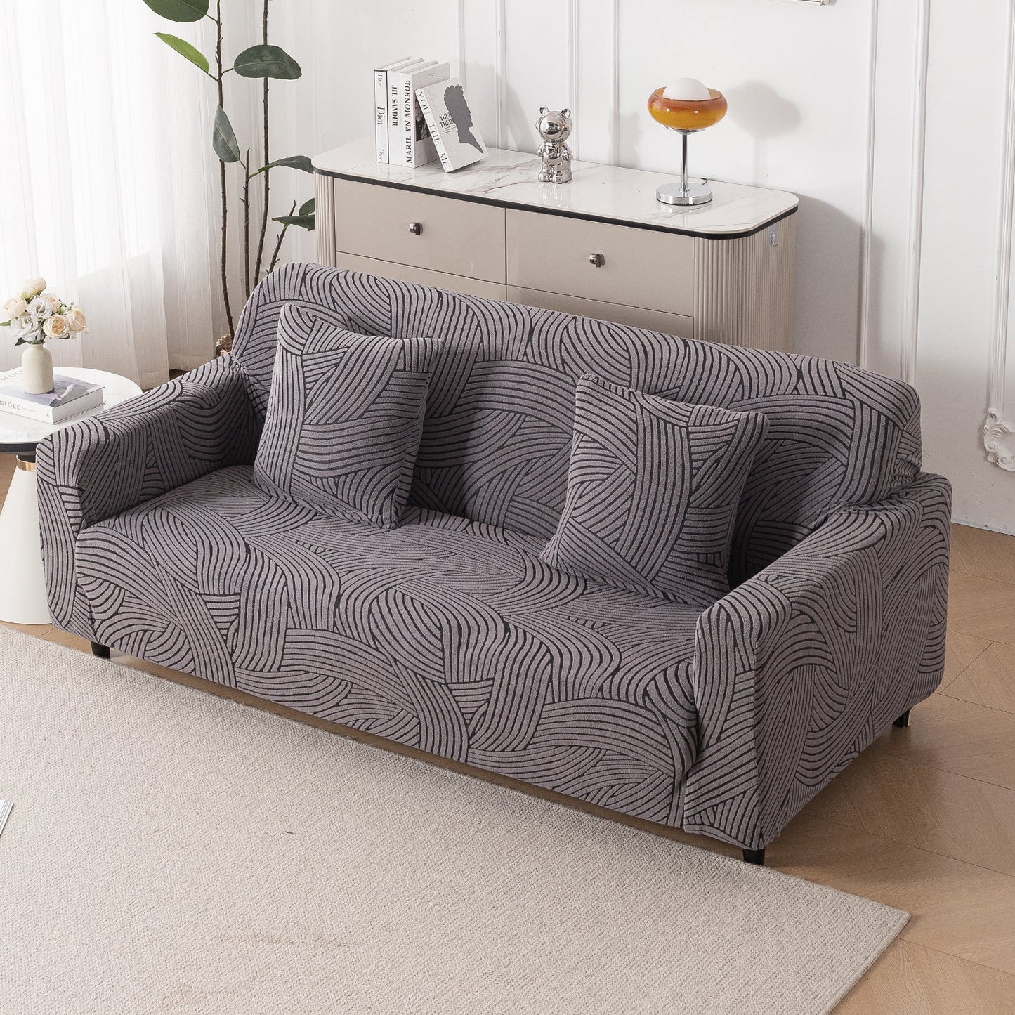 'WaveLine Series' Jacquard Sofa Cover 1/2/3/4-seater Fully Covered, Charcoal Grey