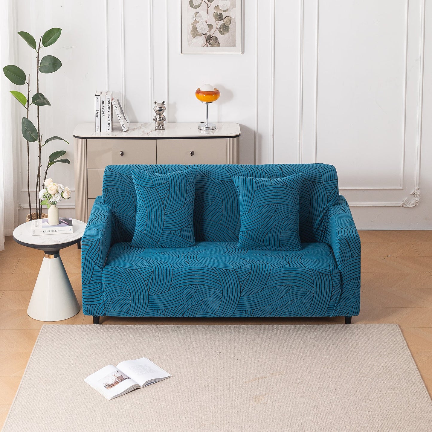 'WaveLine Series' Jacquard Sofa Cover 1/2/3/4-seater Fully Covered, Teal Green