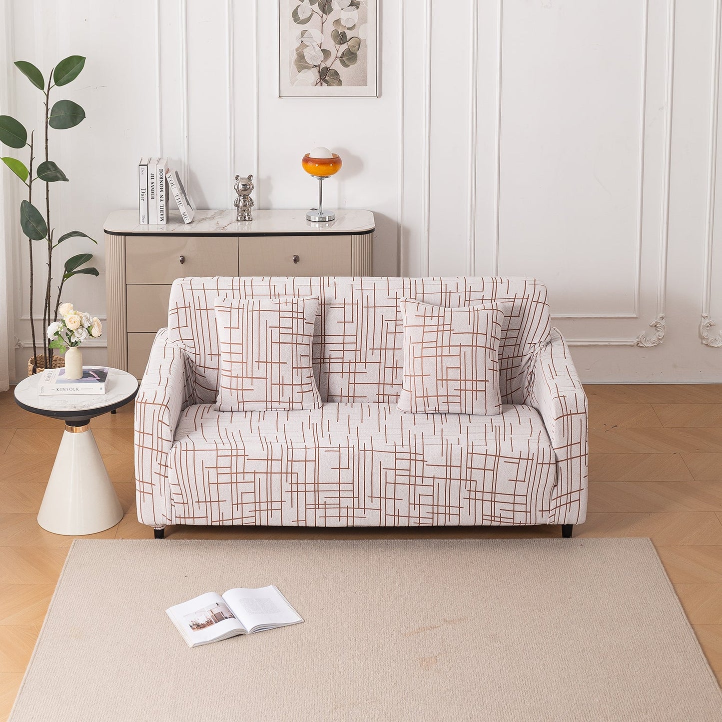 'Crossline Series' Jacquard Sofa Cover 1/2/3/4-seater Fully Covered, Rust Brown
