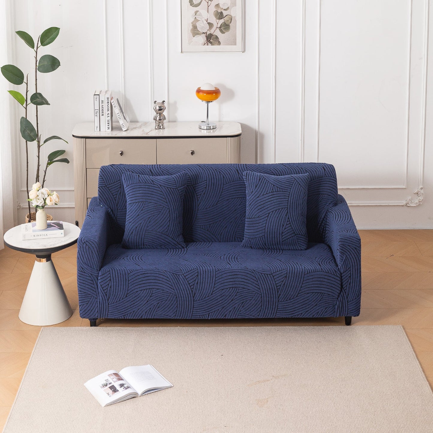 'WaveLine Series' Jacquard Sofa Cover 1/2/3/4-seater Fully Covered, Royal Blue