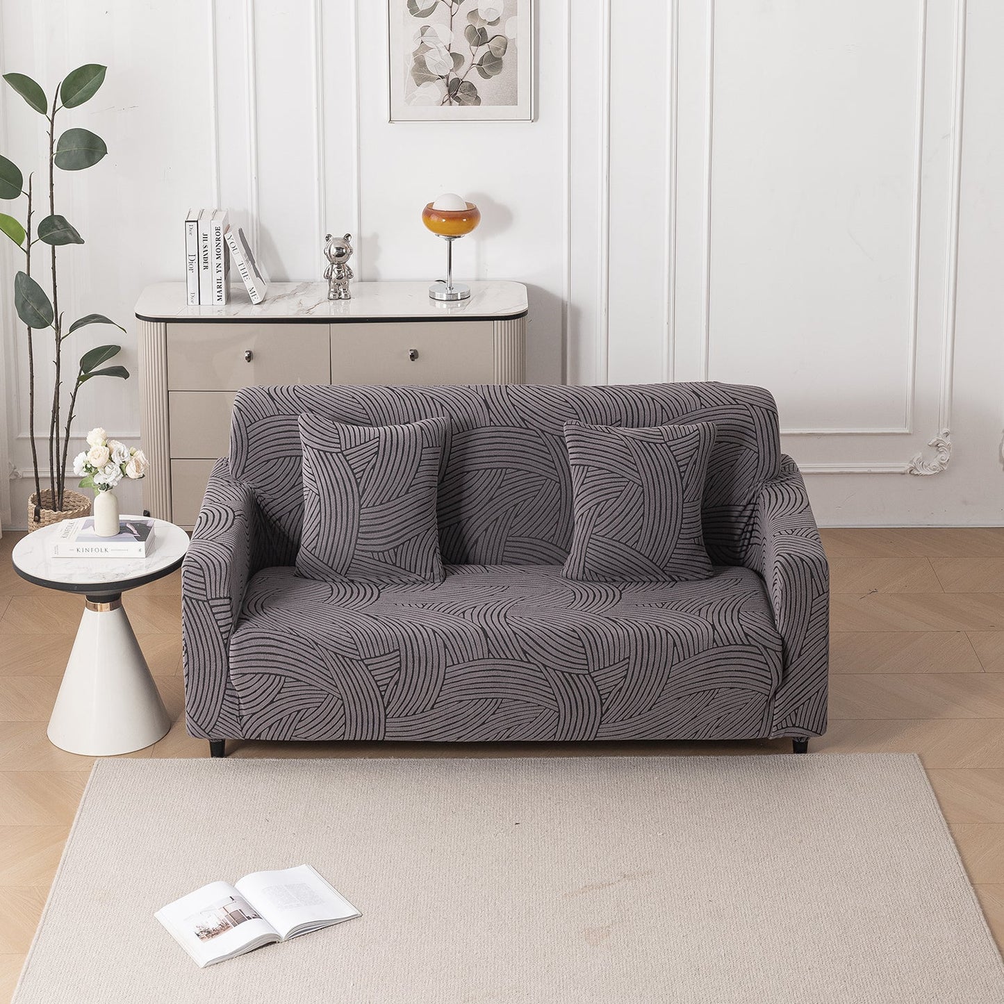 'WaveLine Series' Jacquard Sofa Cover 1/2/3/4-seater Fully Covered, Charcoal Grey