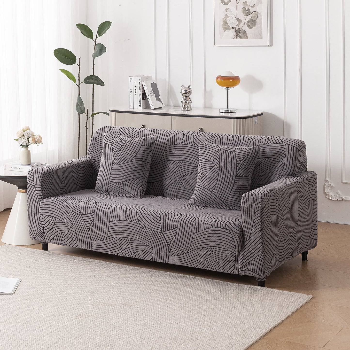 'WaveLine Series' Jacquard Sofa Cover 1/2/3/4-seater Fully Covered, Charcoal Grey