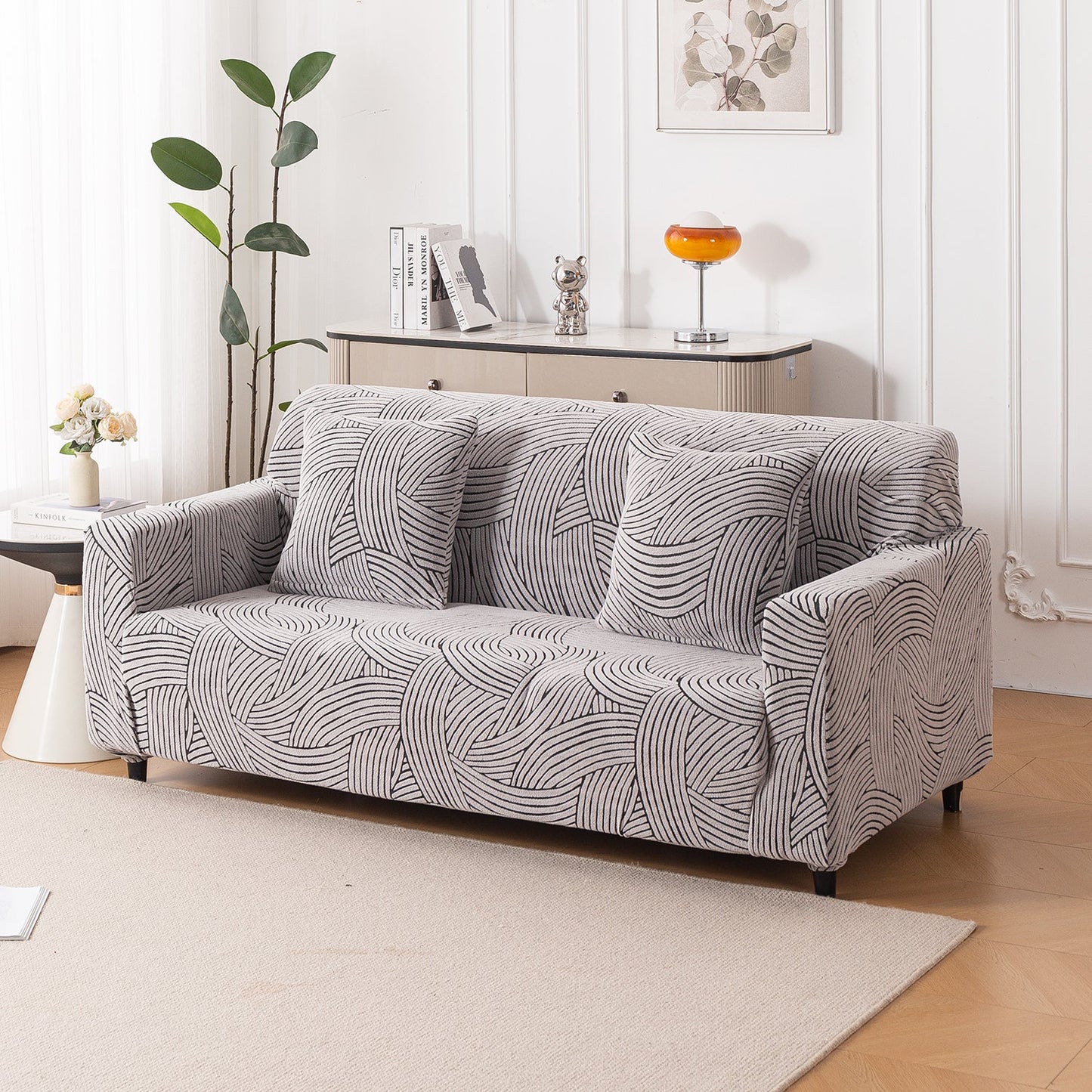 'WaveLine Series' Jacquard Sofa Cover 1/2/3/4-seater Fully Covered, Classic White