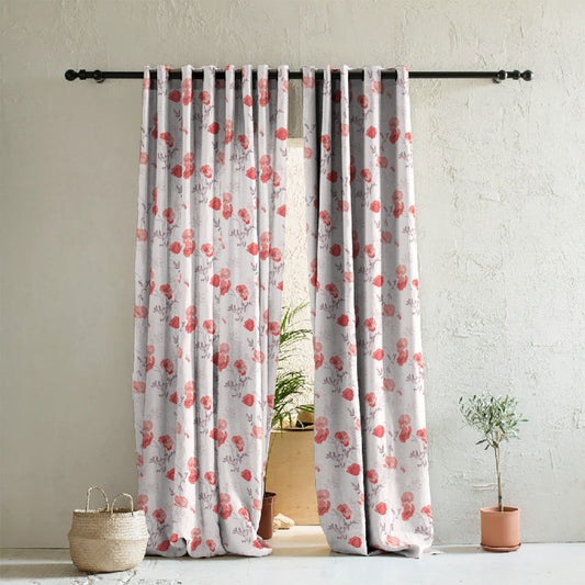 Poppy Meadow Floral Red Heavy Satin Room Darkening Curtains Set Of 2 - (DS133C)