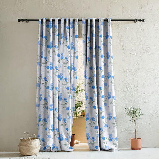 Poppy Meadow Floral Blue Heavy Satin Room Darkening Curtains Set Of 2 - (DS133E)