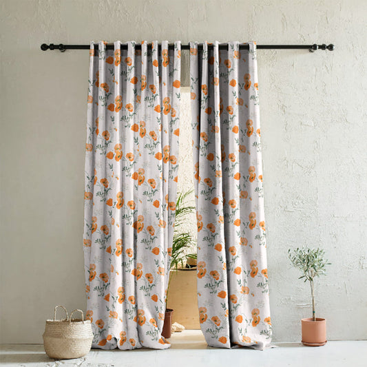 Poppy Meadow Floral Orange Heavy Satin Room Darkening Curtains Set Of 2 - (DS133F)