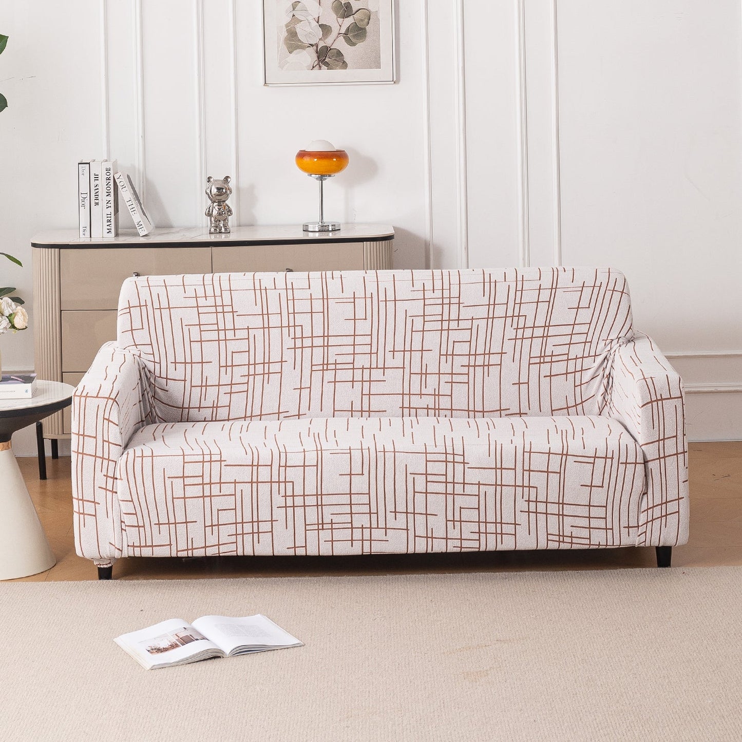 'Crossline Series' Jacquard Sofa Cover 1/2/3/4-seater Fully Covered, Rust Brown
