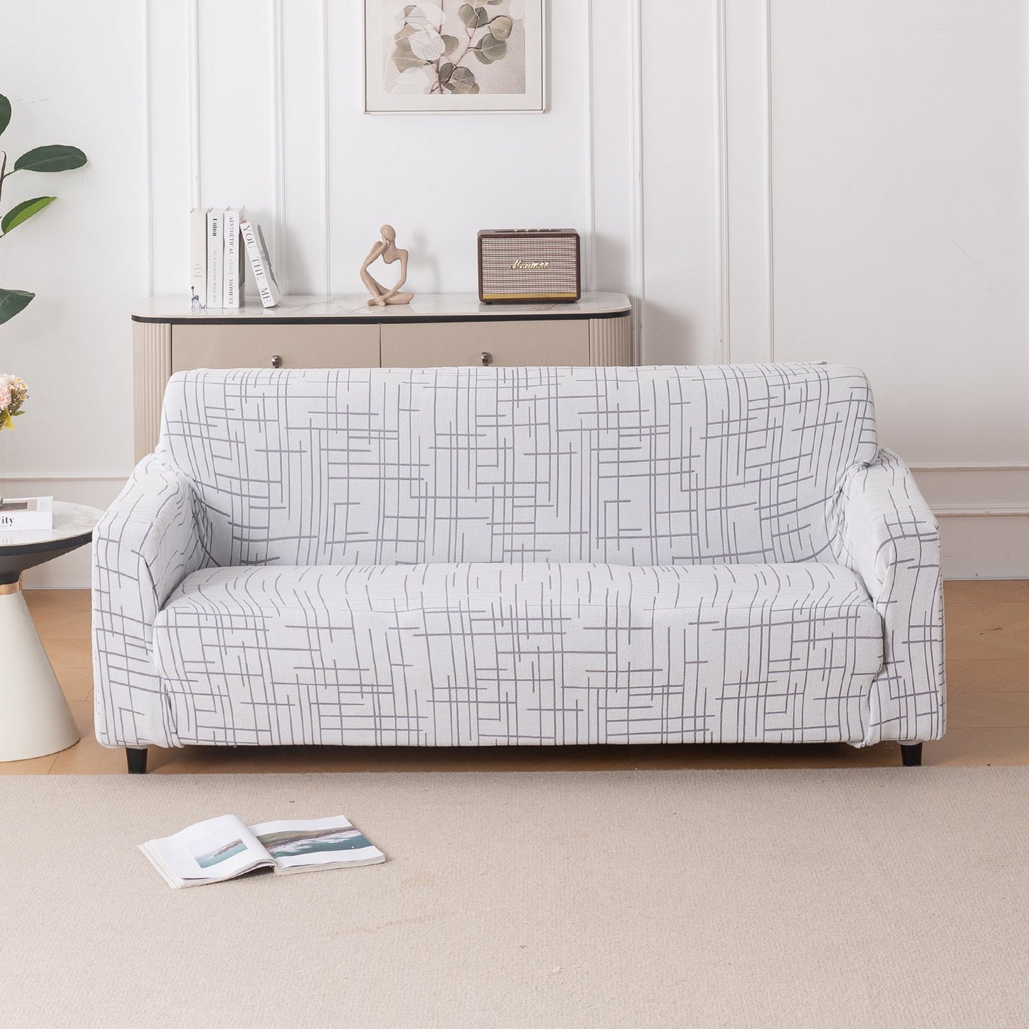 'Crossline Series' Jacquard Sofa Cover 1/2/3/4-seater Fully Covered, Light Grey