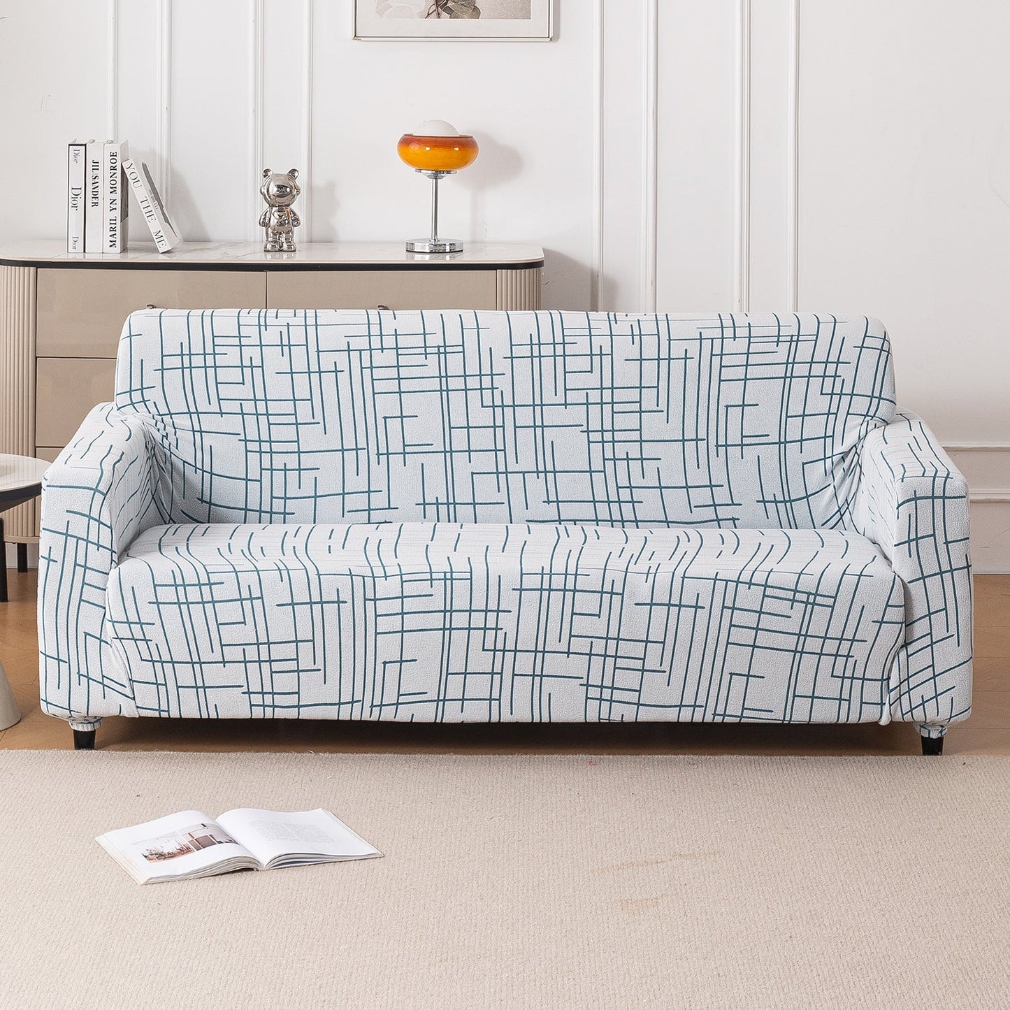 'Crossline Series' Jacquard Sofa Cover 1/2/3/4-seater Fully Covered, Teal Blue