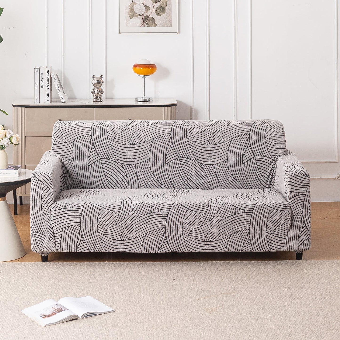 'WaveLine Series' Jacquard Sofa Cover 1/2/3/4-seater Fully Covered, Ash Grey