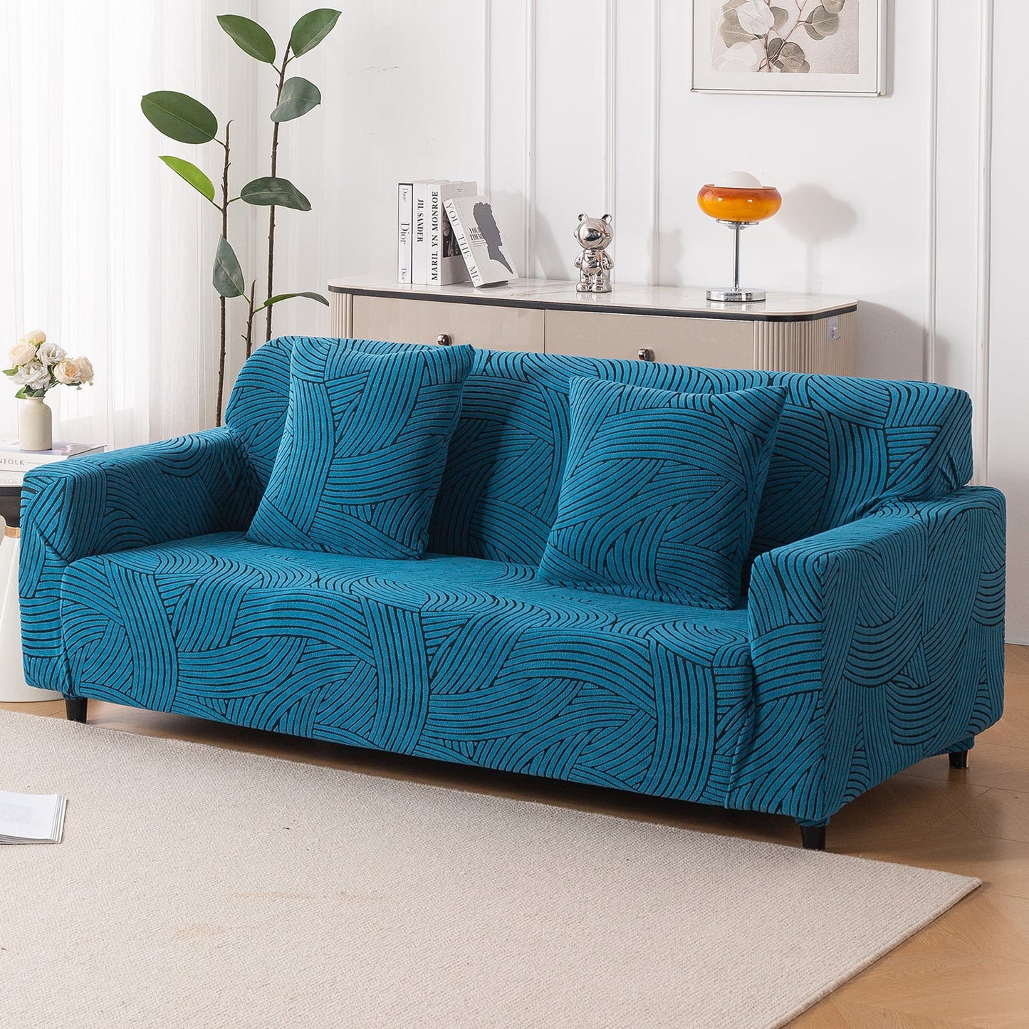 'WaveLine Series' Jacquard Sofa Cover 1/2/3/4-seater Fully Covered, Teal Green