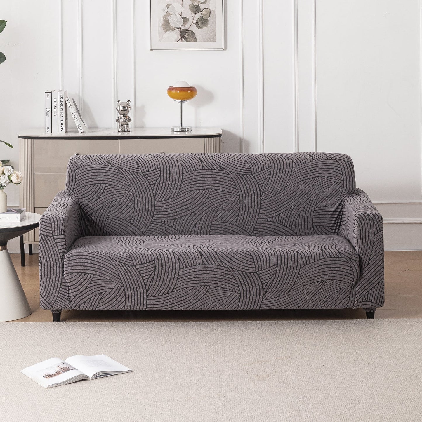 'WaveLine Series' Jacquard Sofa Cover 1/2/3/4-seater Fully Covered, Charcoal Grey