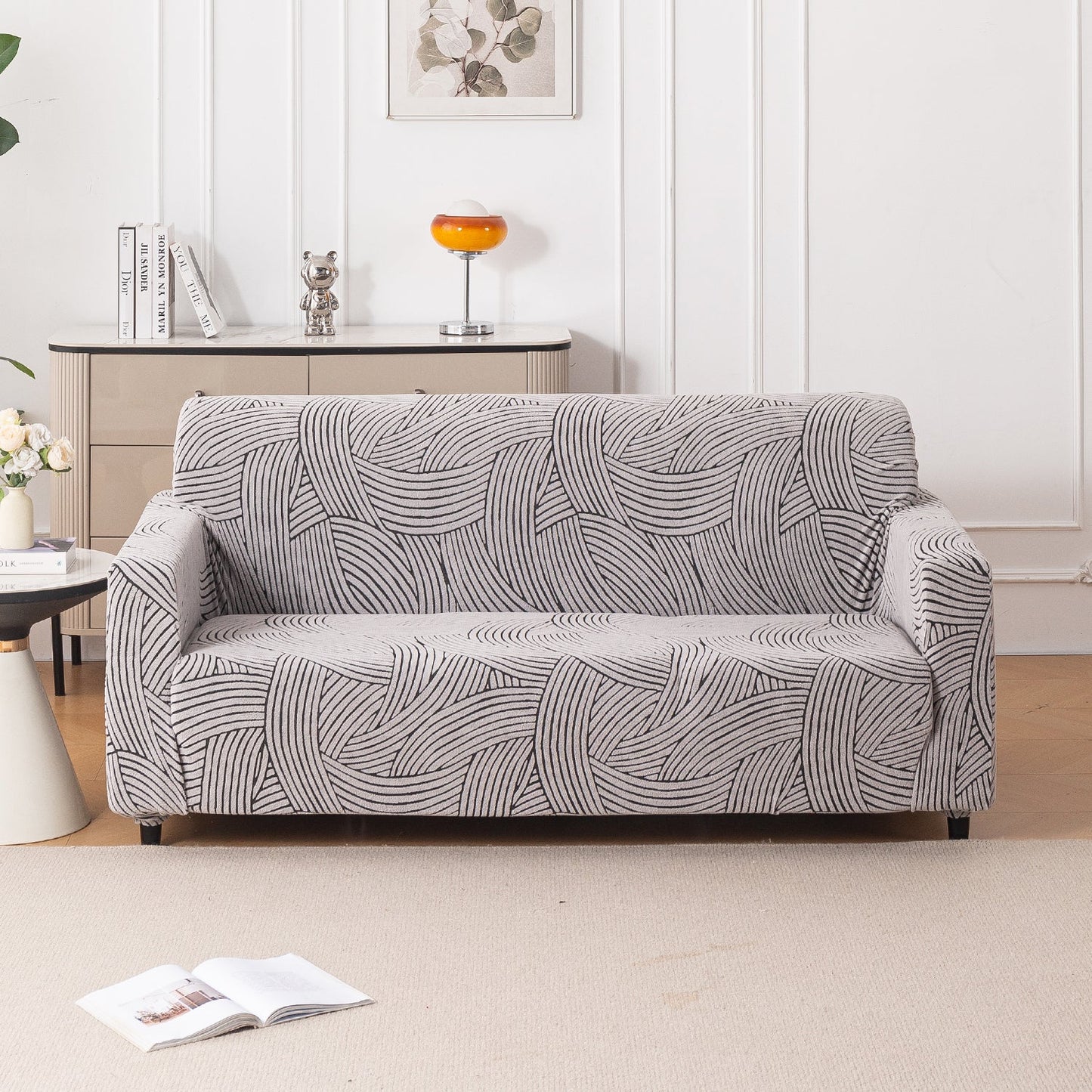 'WaveLine Series' Jacquard Sofa Cover 1/2/3/4-seater Fully Covered, Classic White