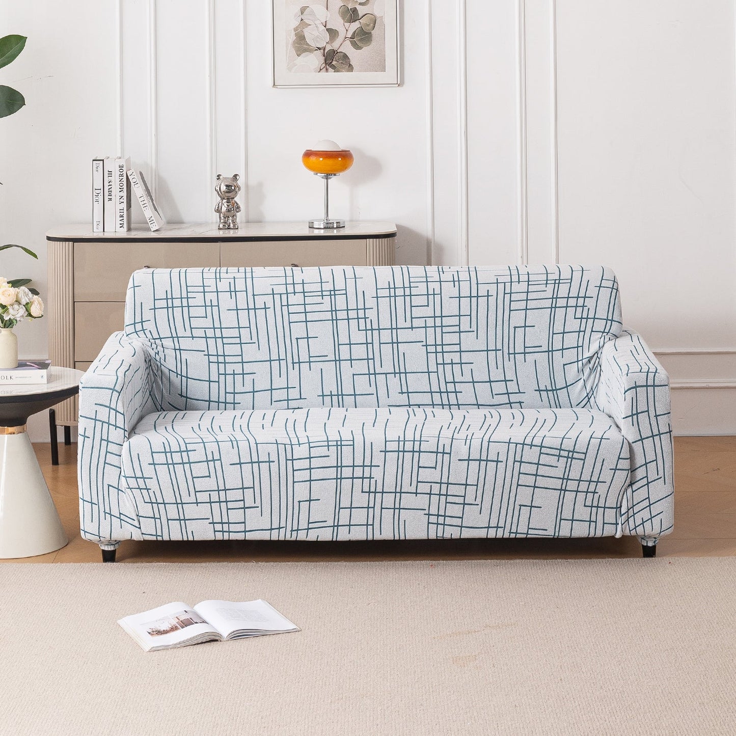 'Crossline Series' Jacquard Sofa Cover 1/2/3/4-seater Fully Covered, Teal Blue