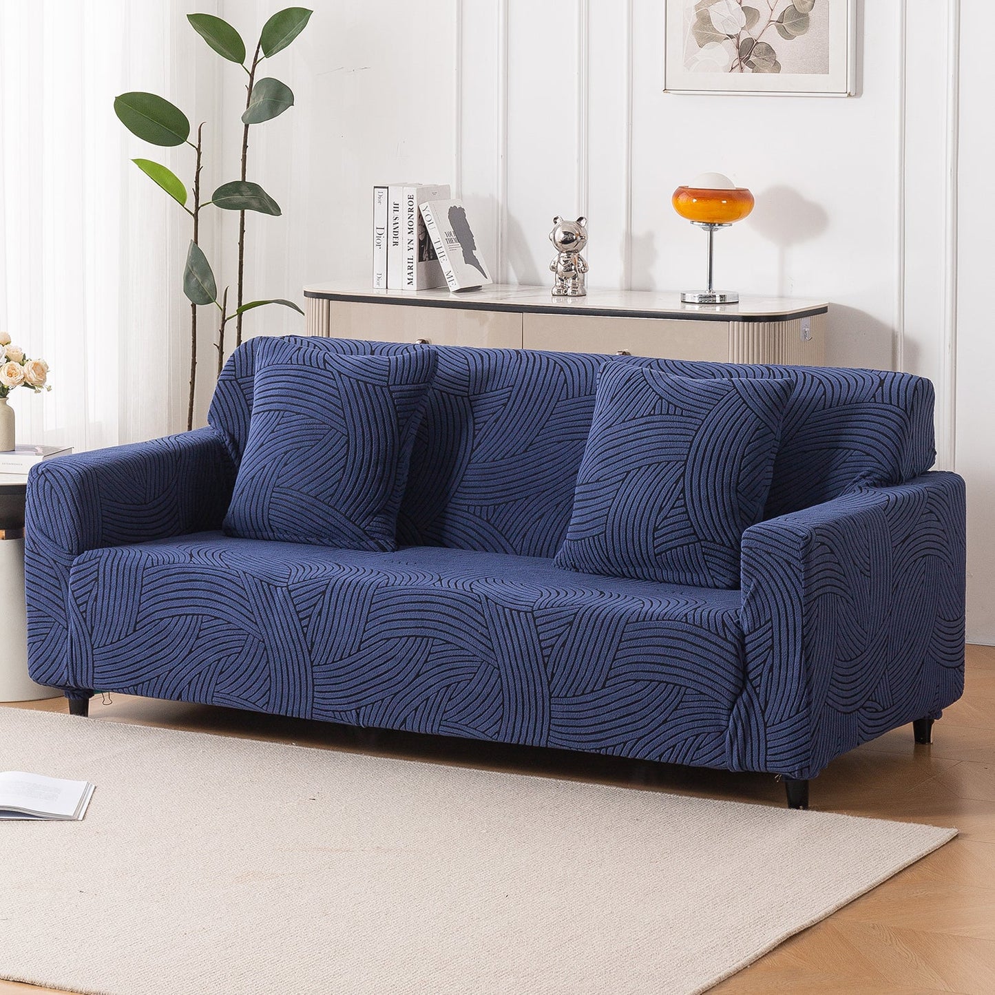 'WaveLine Series' Jacquard Sofa Cover 1/2/3/4-seater Fully Covered, Royal Blue