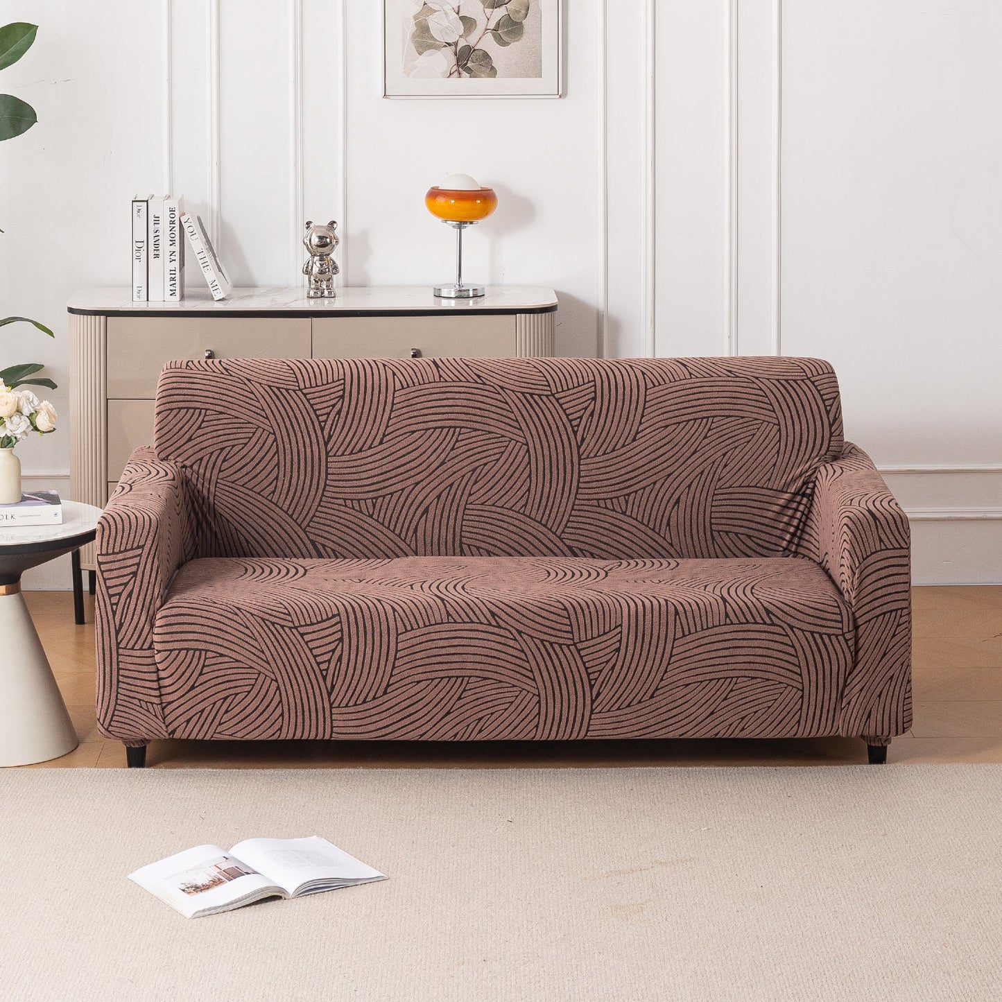 'WaveLine Series' Jacquard Sofa Cover 1/2/3/4-seater Fully Covered, Rust Brown
