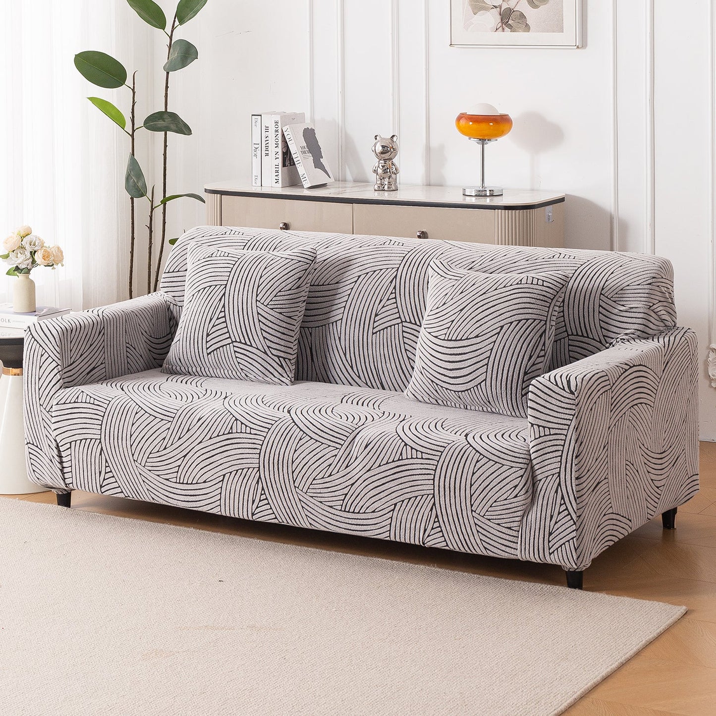 'WaveLine Series' Jacquard Sofa Cover 1/2/3/4-seater Fully Covered, Ash Grey