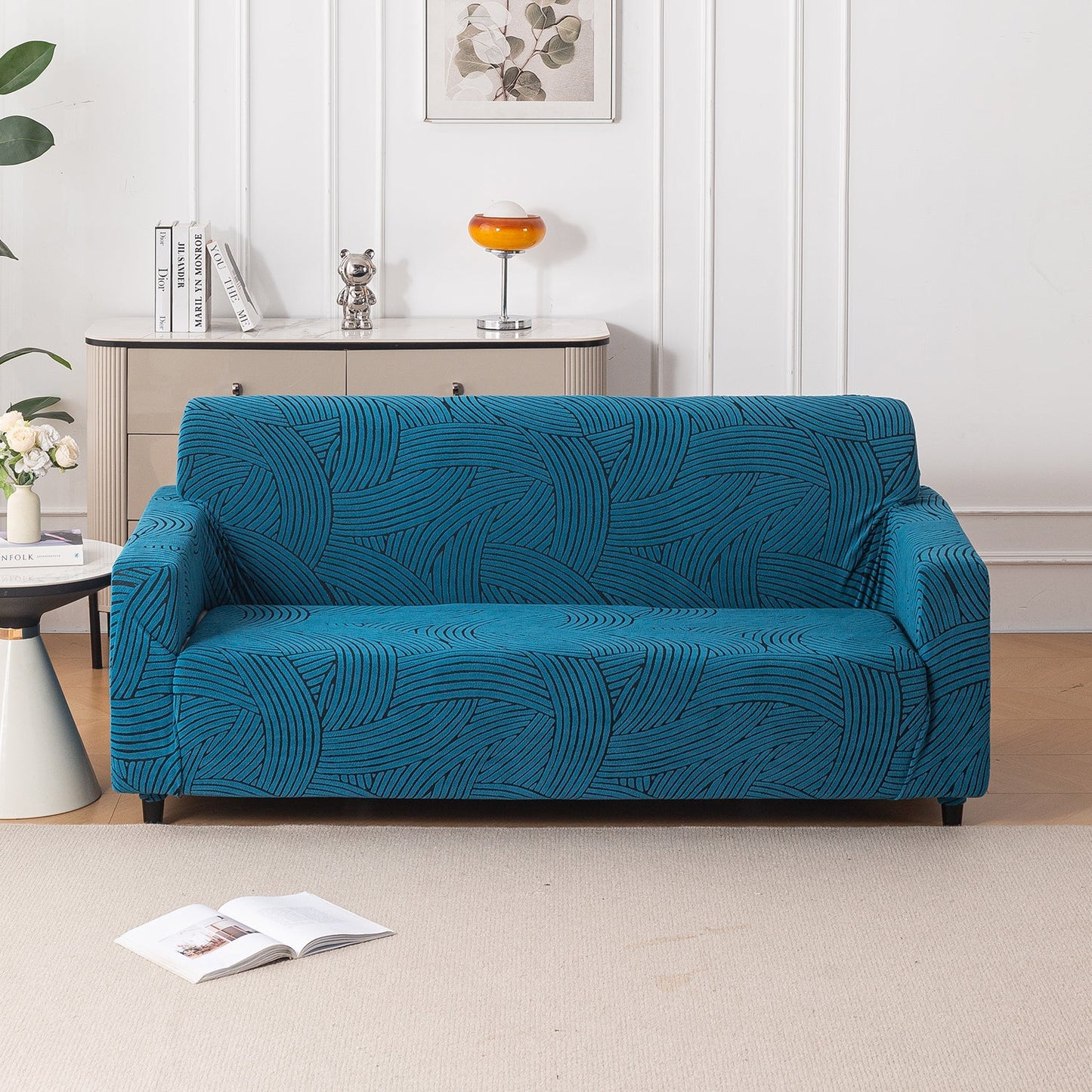 'WaveLine Series' Jacquard Sofa Cover 1/2/3/4-seater Fully Covered, Teal Green