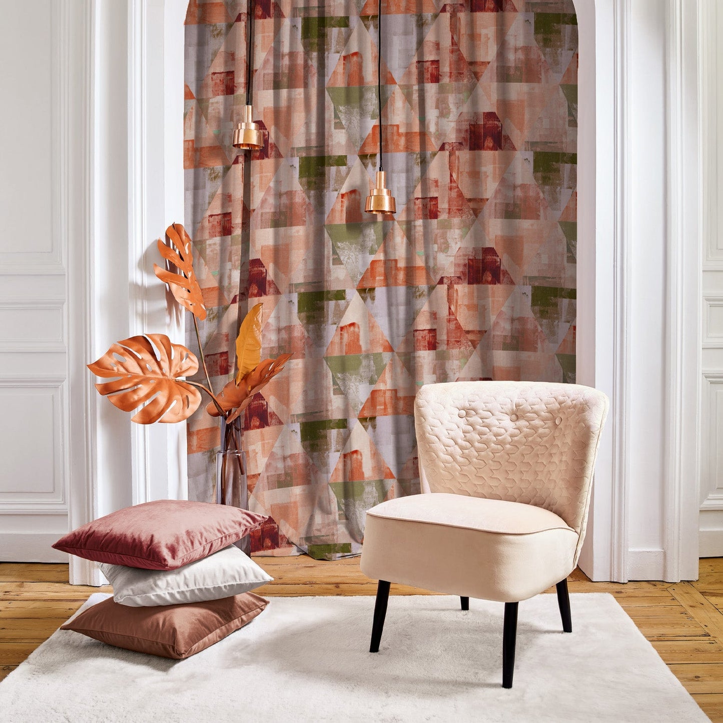 Elegent Geometric Print Matt Finish Room Darkening Curtain Set of 2 MTDS145C