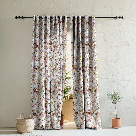 Bold Blossoms Floral Brown Heavy Satin Room Darkening Curtains Set Of 2 - (DS147F)