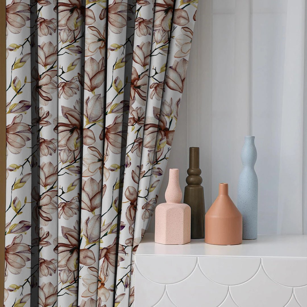 Bold Blossoms Floral Brown Heavy Satin Room Darkening Curtains Set Of 2 - (DS147F)