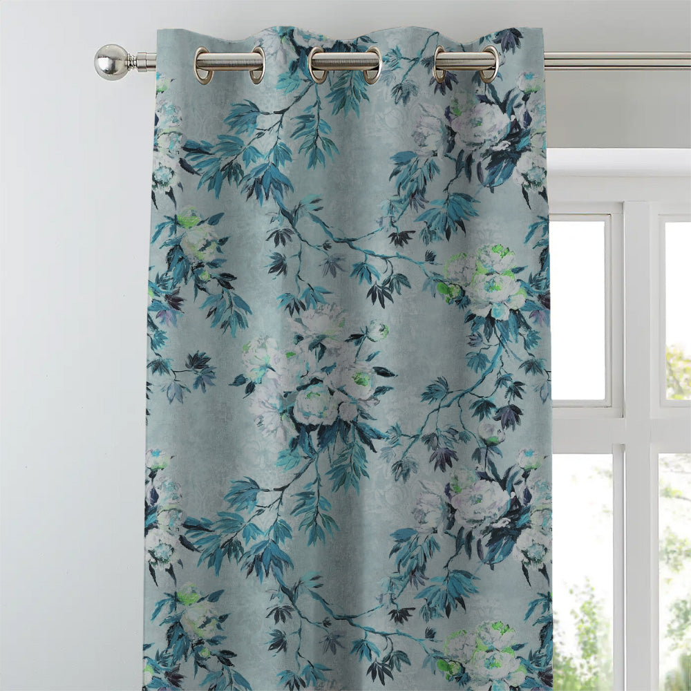 Subdued Blossoms Floral Teal Heavy Satin Room Darkening Curtains Set Of 2 - (DS154F)