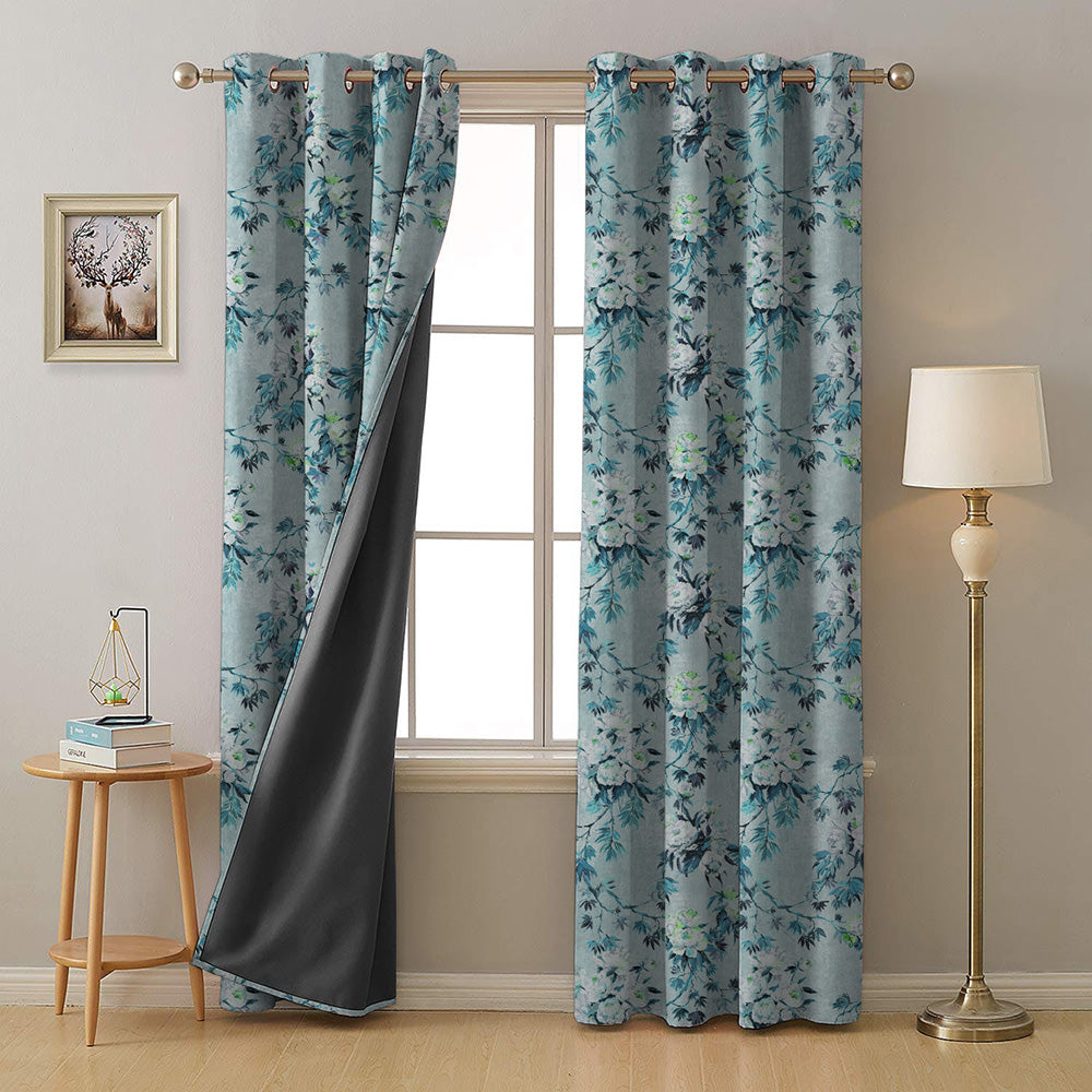 Subdued Blossoms Floral Teal Heavy Satin Room Darkening Curtains Set Of 2 - (DS154F)