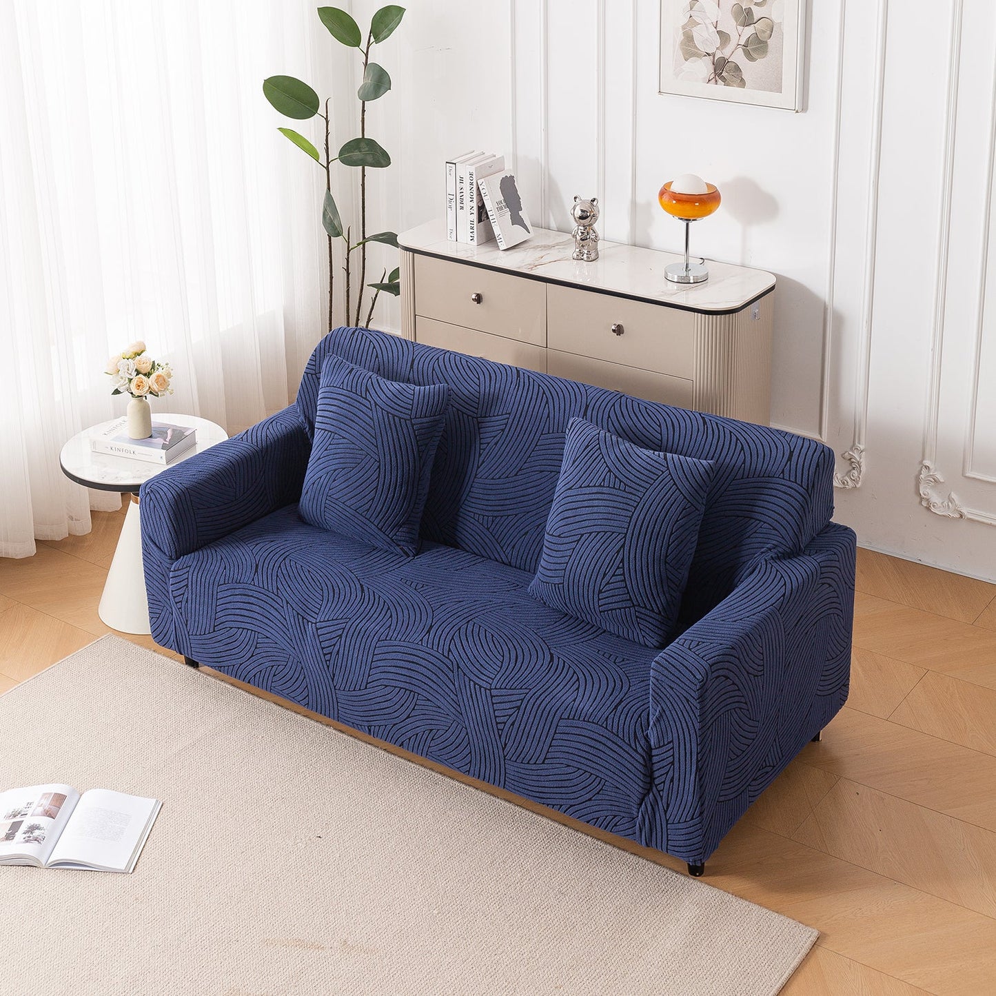 'WaveLine Series' Jacquard Sofa Cover 1/2/3/4-seater Fully Covered, Royal Blue