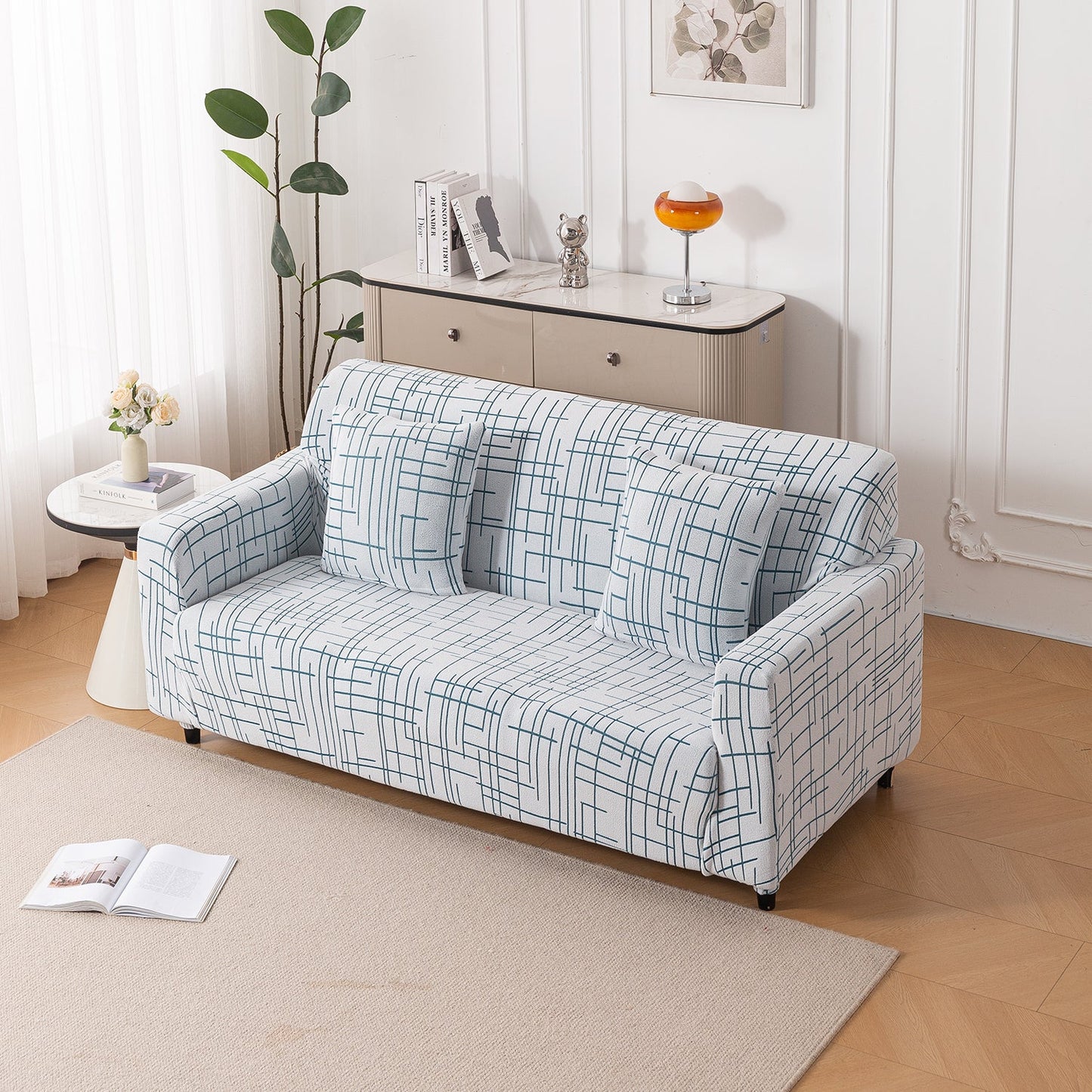 'Crossline Series' Jacquard Sofa Cover 1/2/3/4-seater Fully Covered, Teal Blue