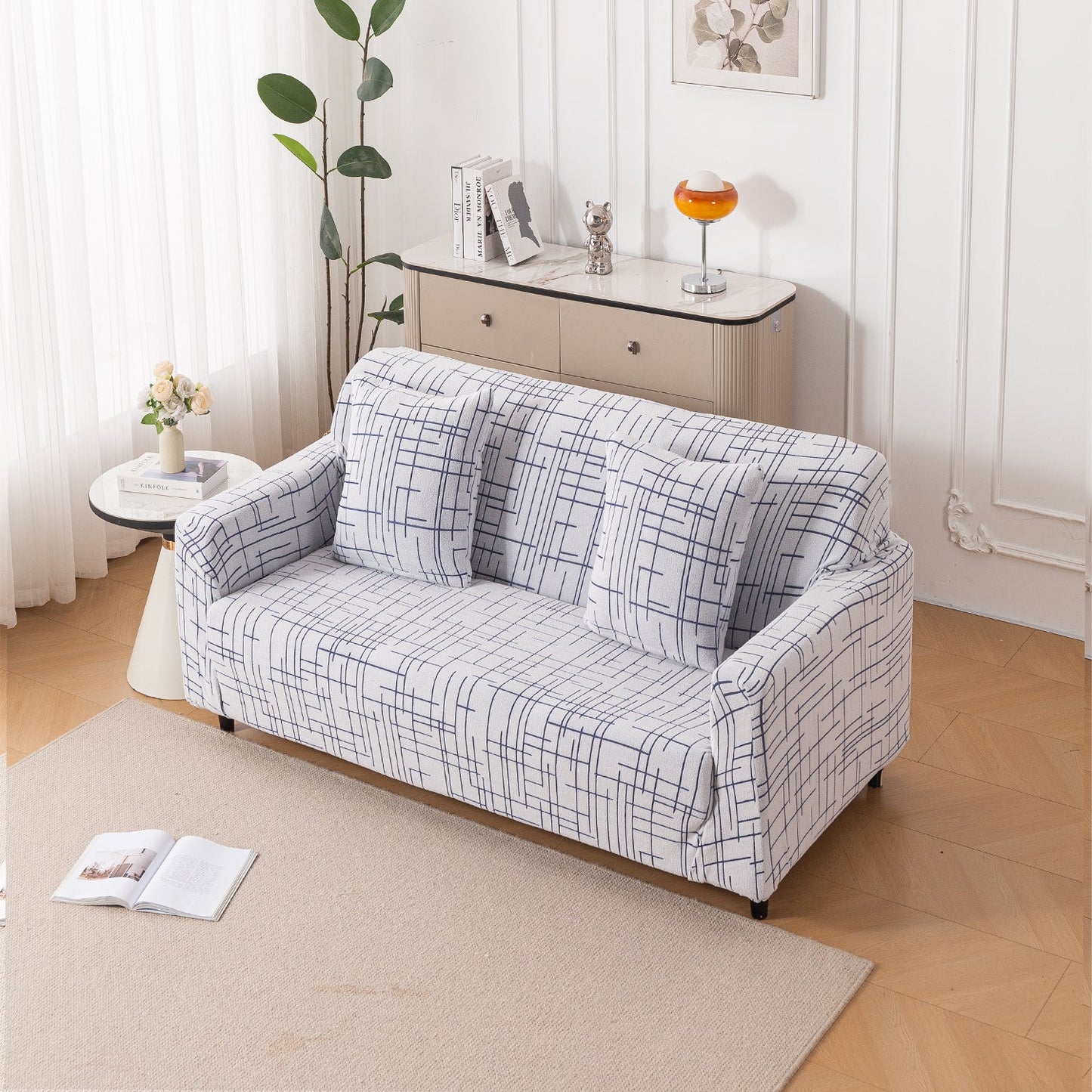 'Crossline Series' Jacquard Sofa Cover 1/2/3/4-seater Fully Covered, Navy Blue