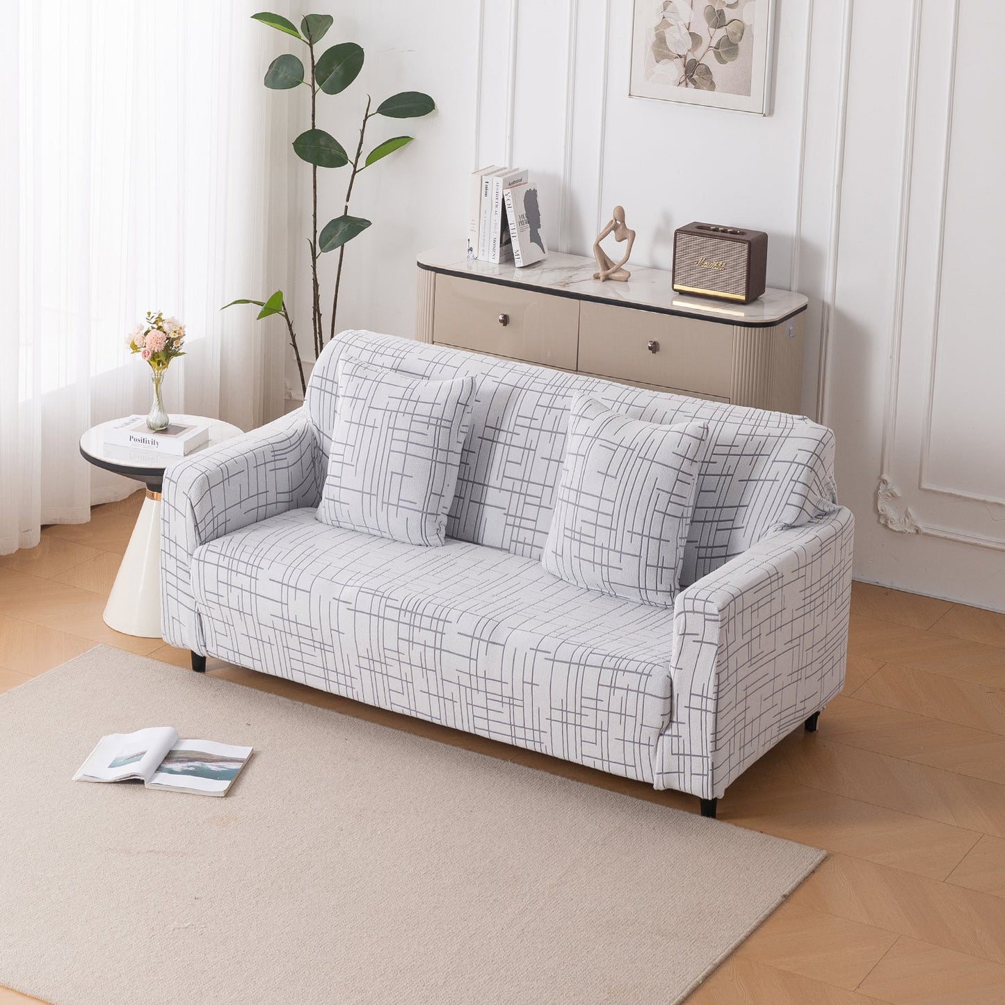 'Crossline Series' Jacquard Sofa Cover 1/2/3/4-seater Fully Covered, Light Grey