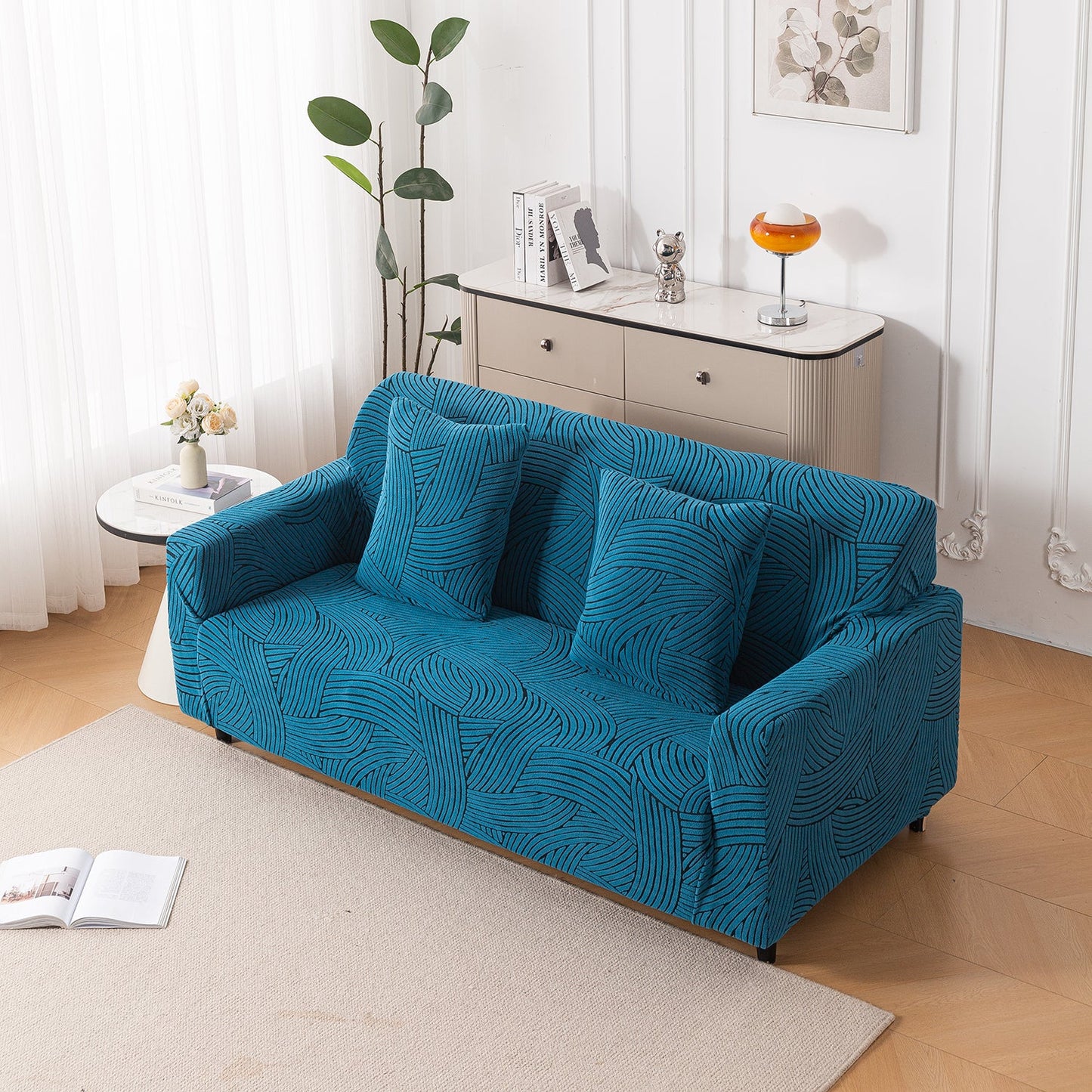 'WaveLine Series' Jacquard Sofa Cover 1/2/3/4-seater Fully Covered, Teal Green