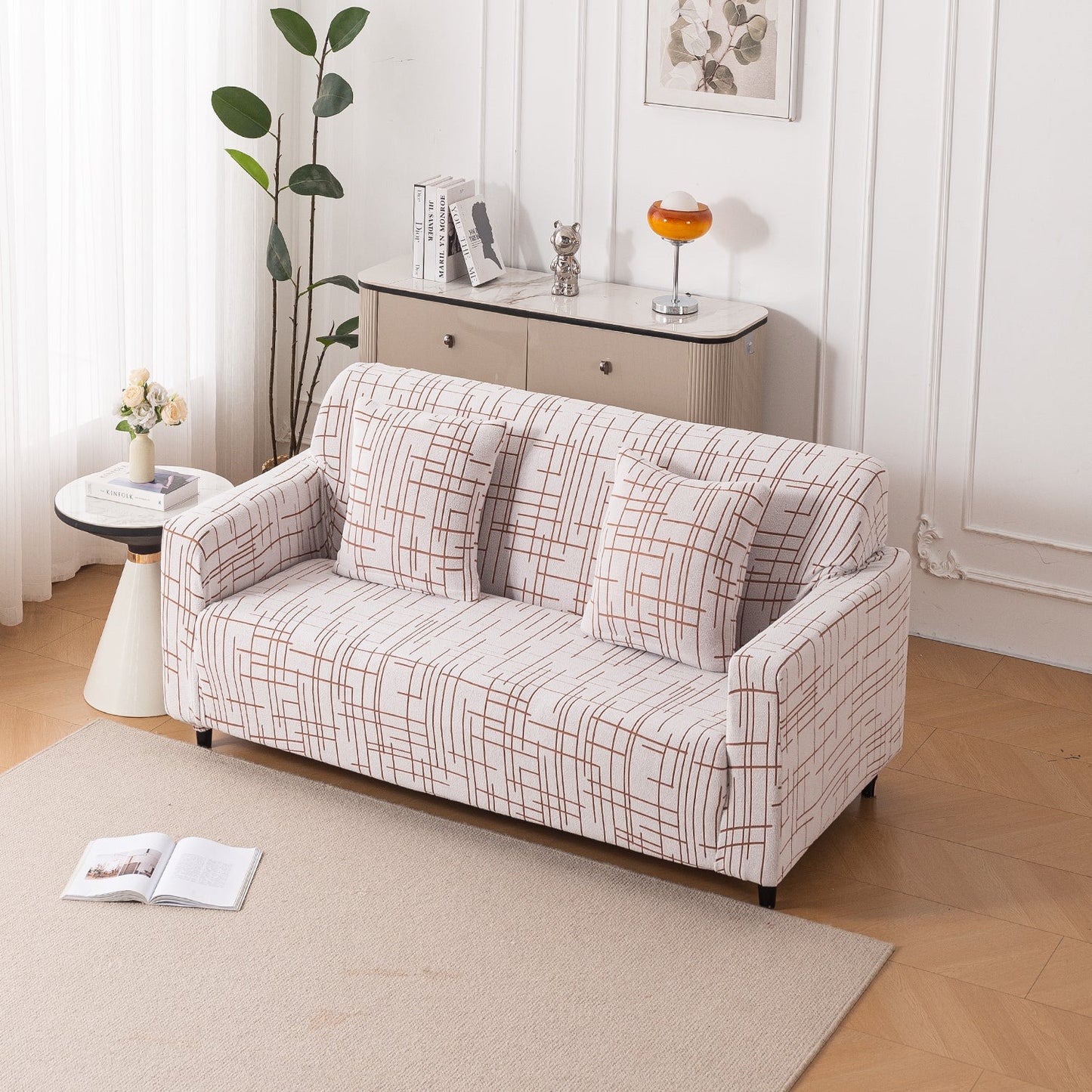 'Crossline Series' Jacquard Sofa Cover 1/2/3/4-seater Fully Covered, Rust Brown