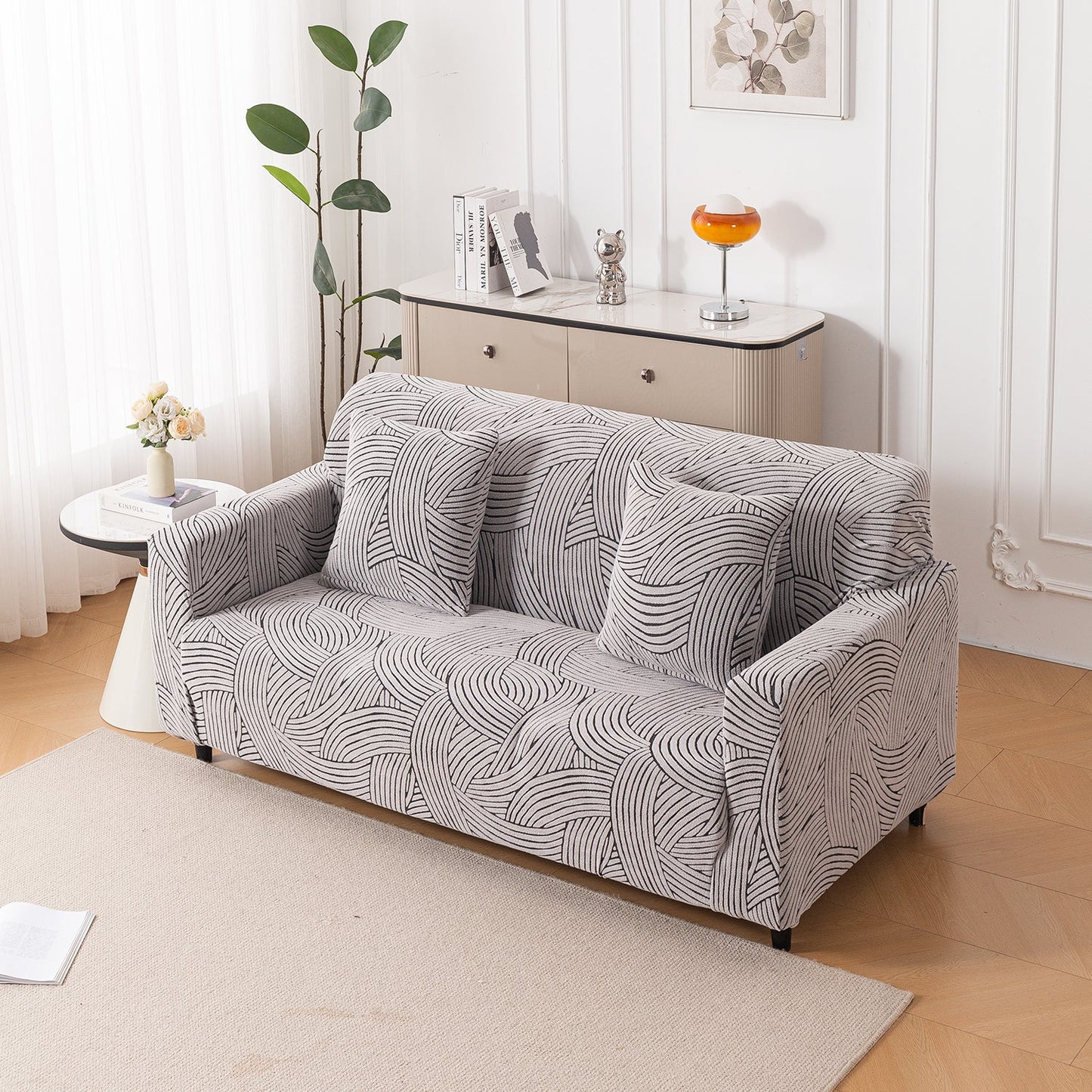 'WaveLine Series' Jacquard Sofa Cover 1/2/3/4-seater Fully Covered, Classic White