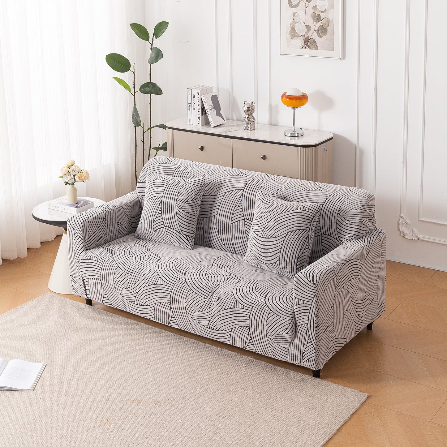 'WaveLine Series' Jacquard Sofa Cover 1/2/3/4-seater Fully Covered, Ash Grey